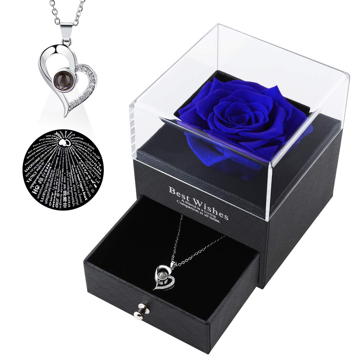 Preserved Blue Real Rose with 'I Love You' Necklace in 100 Languages - Romantic Birthday Gift for Women, Mom, Wife, Girlfriend - Perfect for Mother's Day, Valentine's Day, Anniversary & Wedding - Enchanted Flower Keepsake for Special Occasions