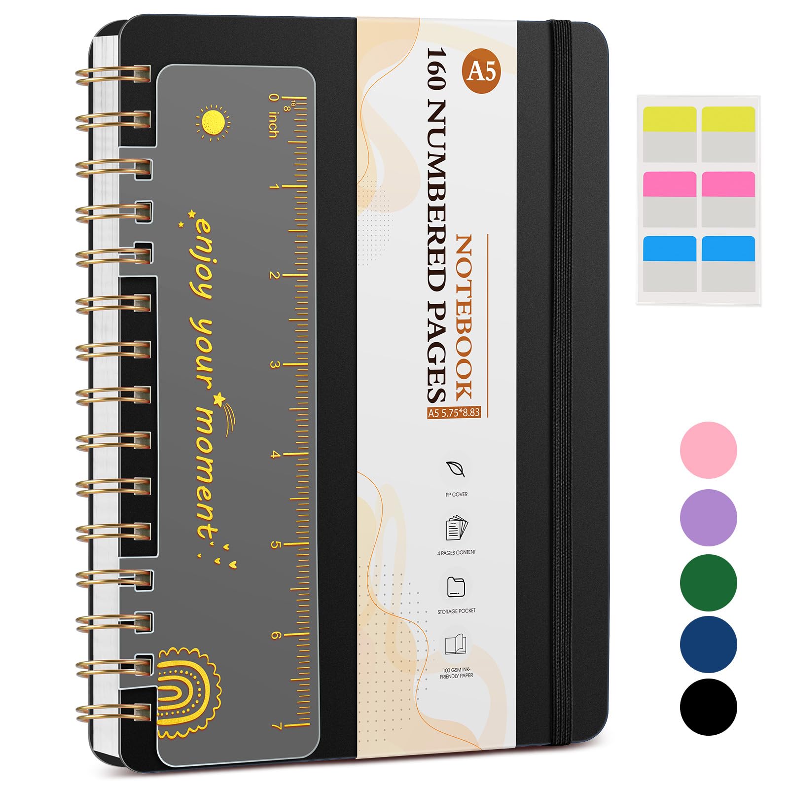 Premium A5 Lined Spiral Notebook - 160 Numbered Pages, College Ruled Journal with 100GSM Thick Paper & Durable Plastic Hardcover - Perfect for Work, School, Note Taking & Daily Planning (5.75