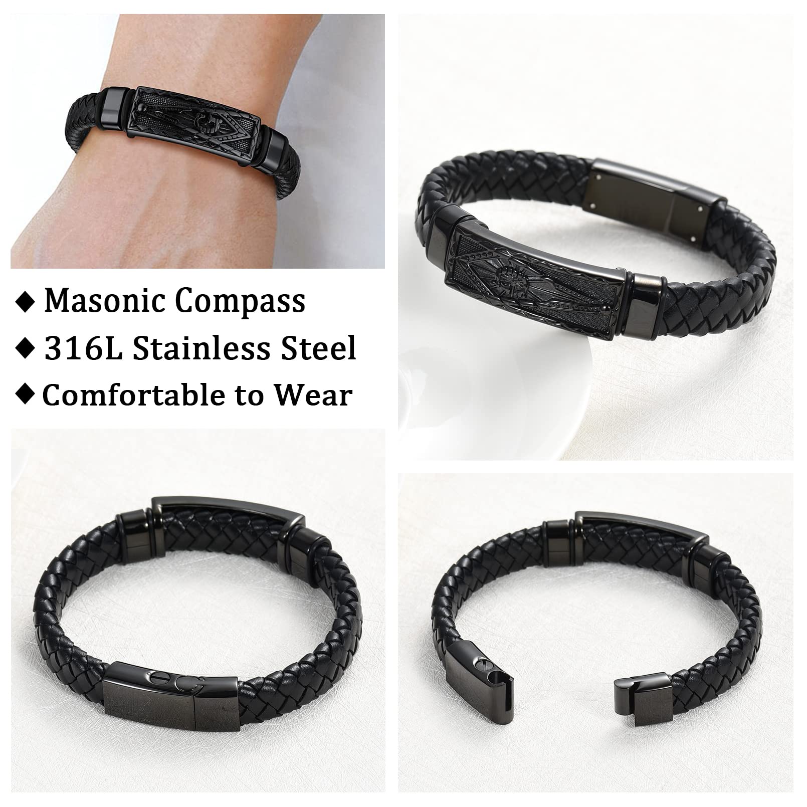 Masonic Compass Cremation Urn Bracelet - Leather Memorial Jewelry for Ashes Keepsake - Perfect for Remembrance Gifts