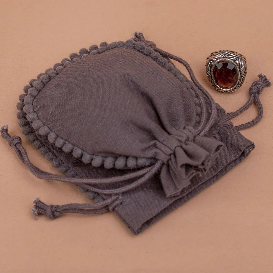 Handmade 100% Charcoal Designer Pouch with Playful Pom Poms - Perfect for Gift Giving, Travel & Makeup Storage