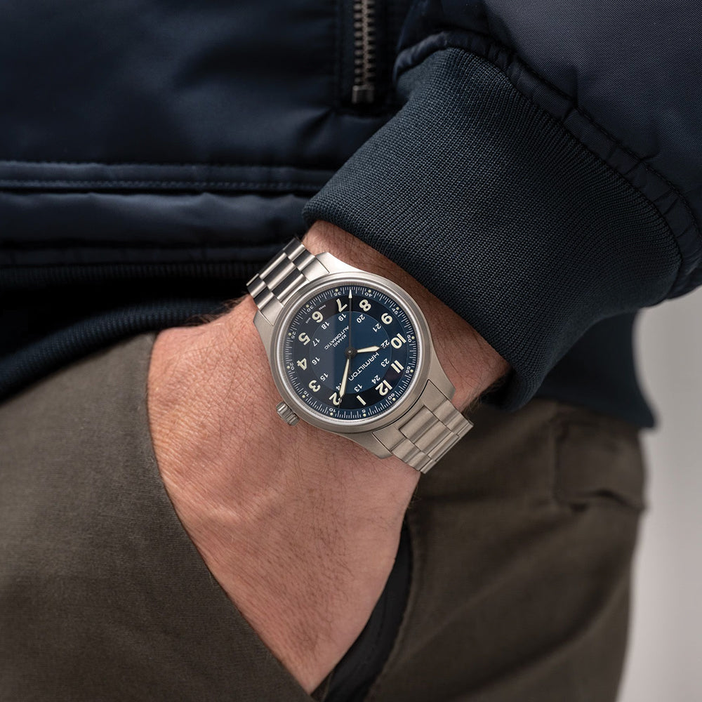 Khaki Field Titanium Automatic Watch 42mm Blue Dial with Bracelet - Perfect for Outdoor Adventures, Casual Wear & Everyday Use