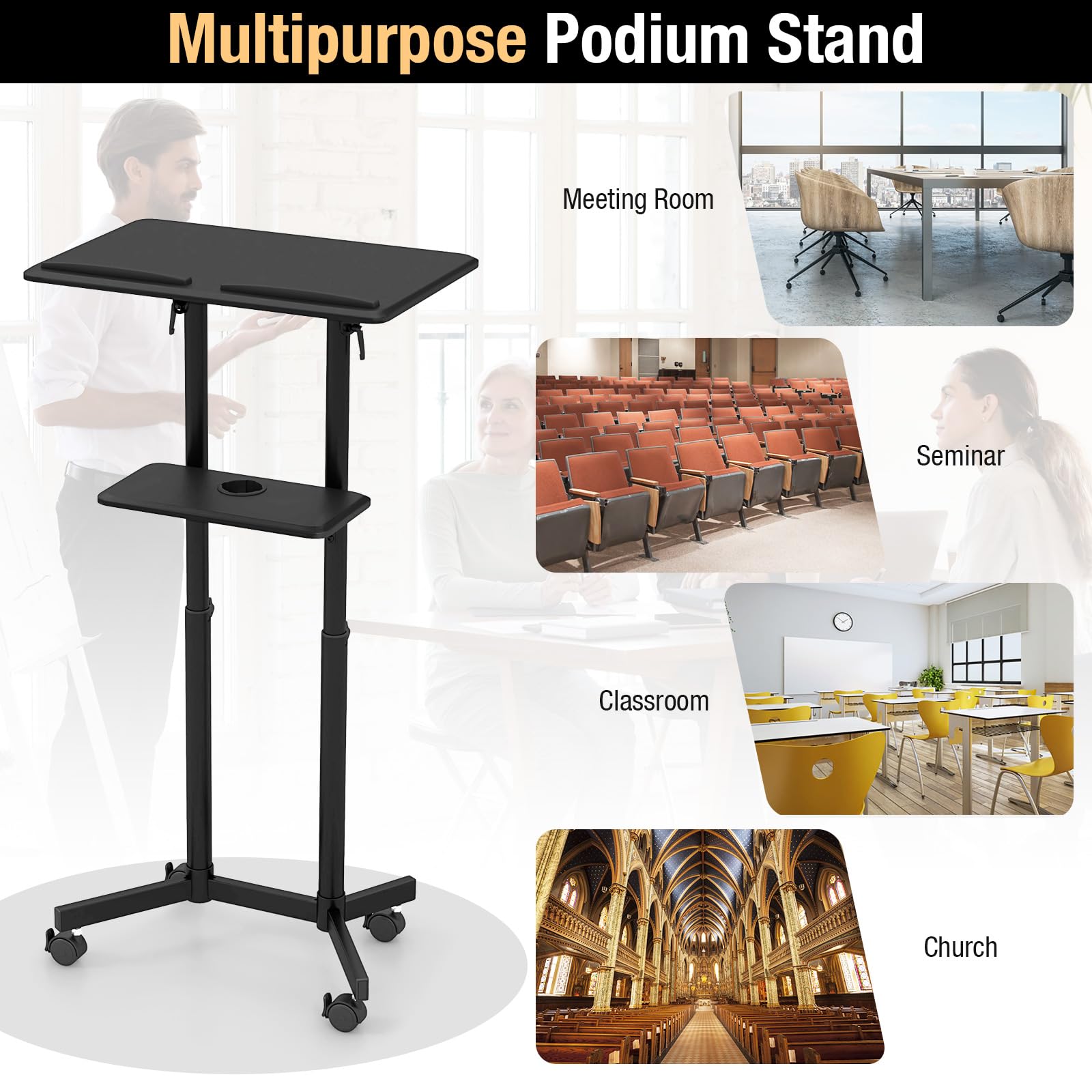 Giantex Adjustable Mobile Laptop Podium Stand - Rolling Height-Adjustable Standing Desk with Storage Tray & Tilting Desktop - Perfect for Home Office, Classroom, Church Lectern & Conference Presentations - Black