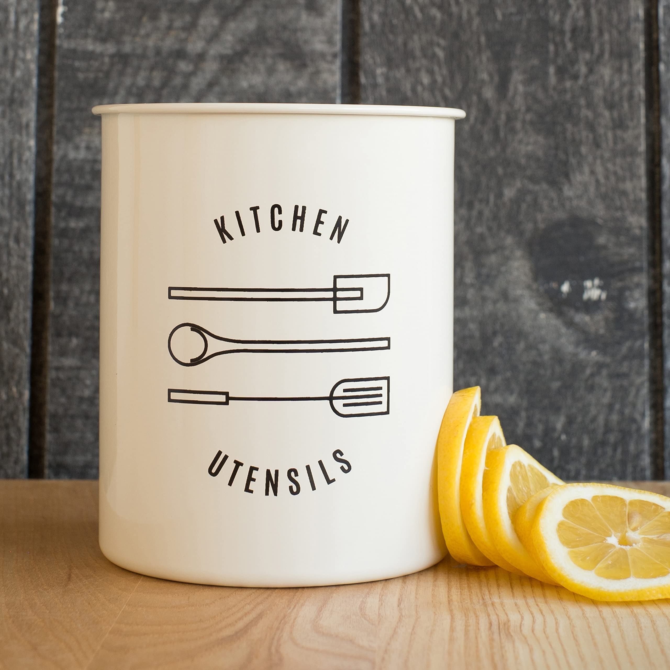 Now Designs Powder-Coated Steel Utensil Crock in Ivory - Stylish Countertop Storage for Kitchen Utensils, Spoons & Cooking Tools - Perfect for Farmhouse, Modern or Rustic Kitchens