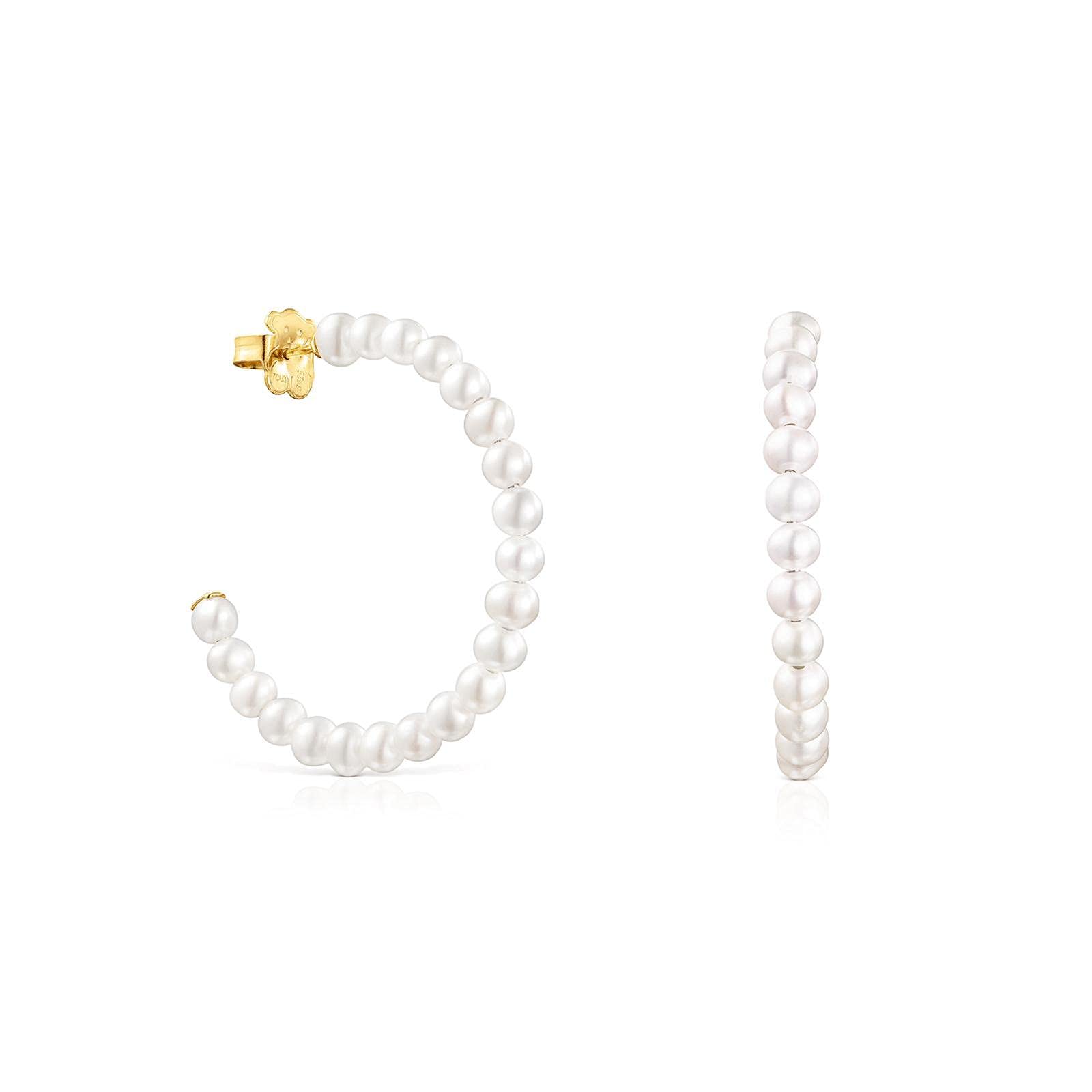 TOUS Gloss Pearl Hoop Earrings for Women - 35mm Gold-Plated Pearl Studded Hoops - Elegant Jewelry Gift for Birthday, Anniversary & Special Occasions