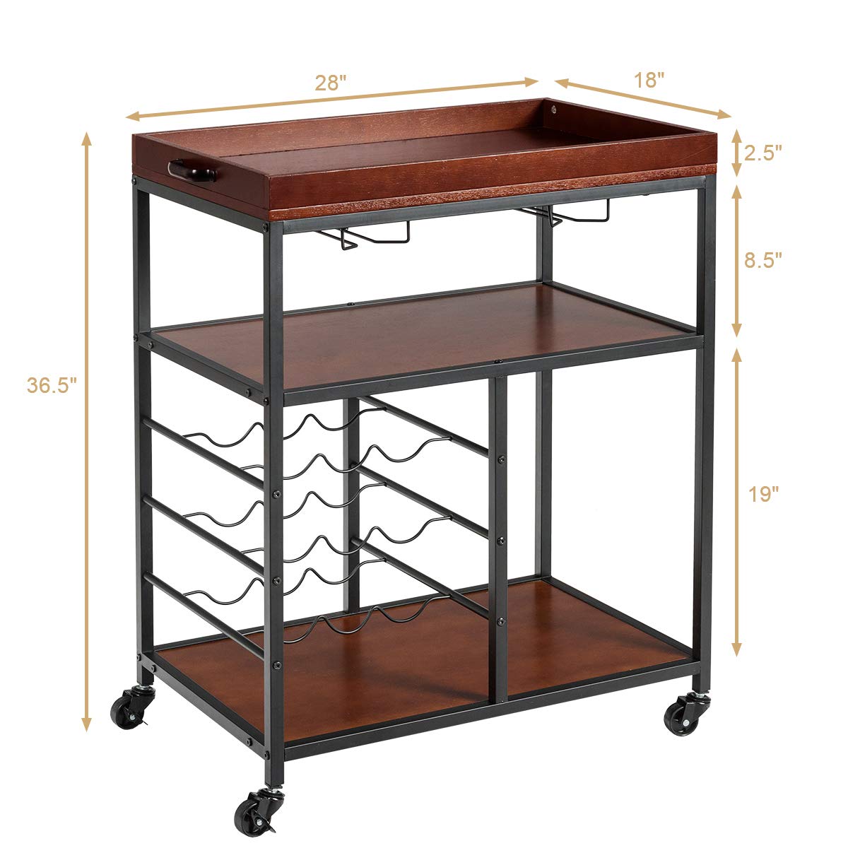 Giantex 3-Tier Rolling Kitchen Island Cart with Wine Rack & Glasses Holder - Industrial Style Serving Cart, Utility Cart with Metal Frame & Casters, Rustic Brown - Perfect for Small Kitchens, Dining Rooms & Home Bars