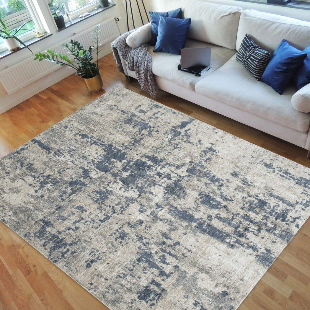 HR-Abstract Modern Area Rugs 5' x 7' - Blue, Ivory, Beige & Multi-Color Luxury Living Room Carpet | Soft & Durable for Home, Office & Bedroom Decor