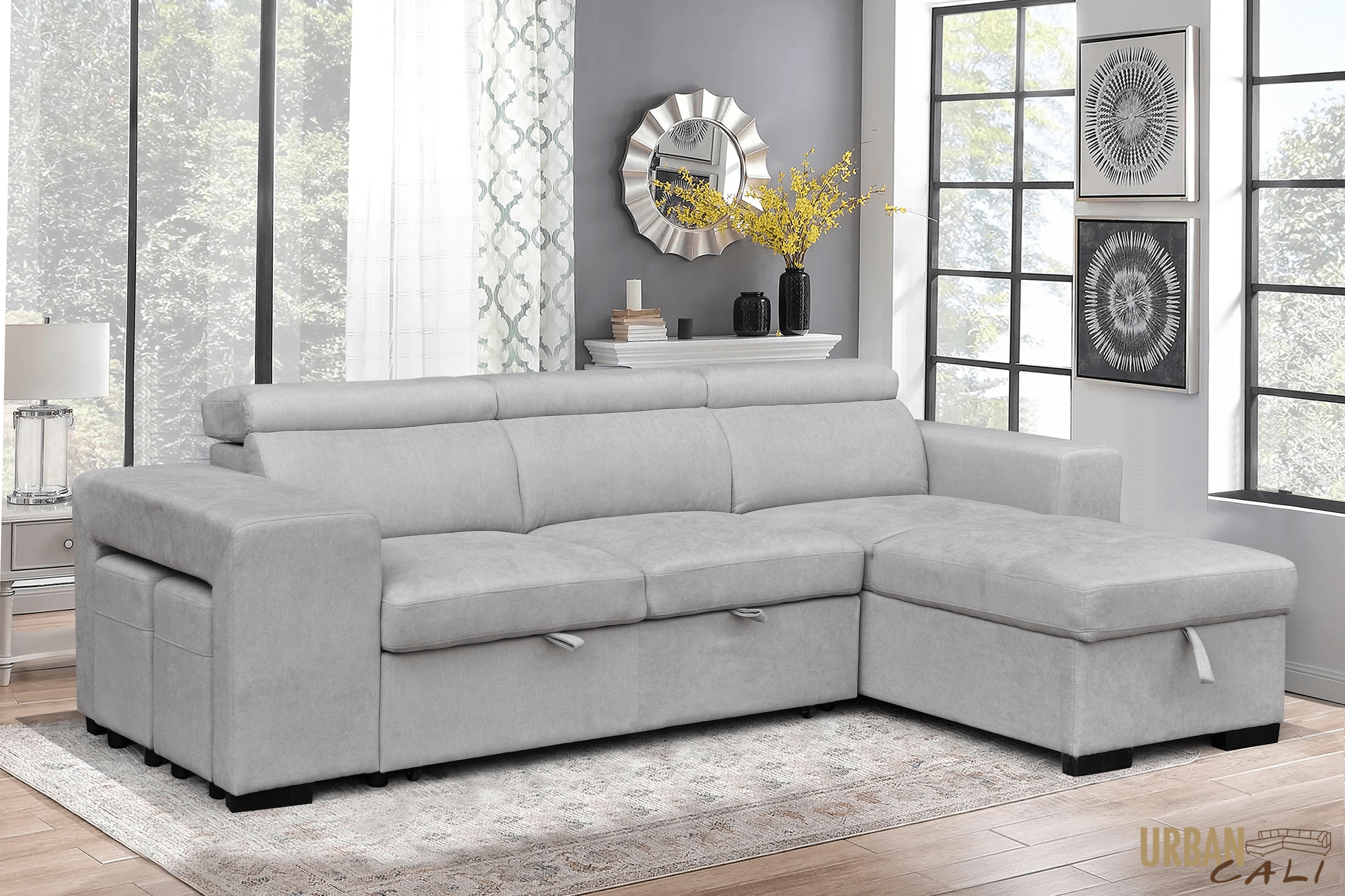 Sonoma Sleeper Sectional Sofa Bed with Reversible Storage Chaise & 2 Stools - Grey Canvas Fabric | Perfect for Small Spaces, Guest Rooms & Multi-Functional Living Areas