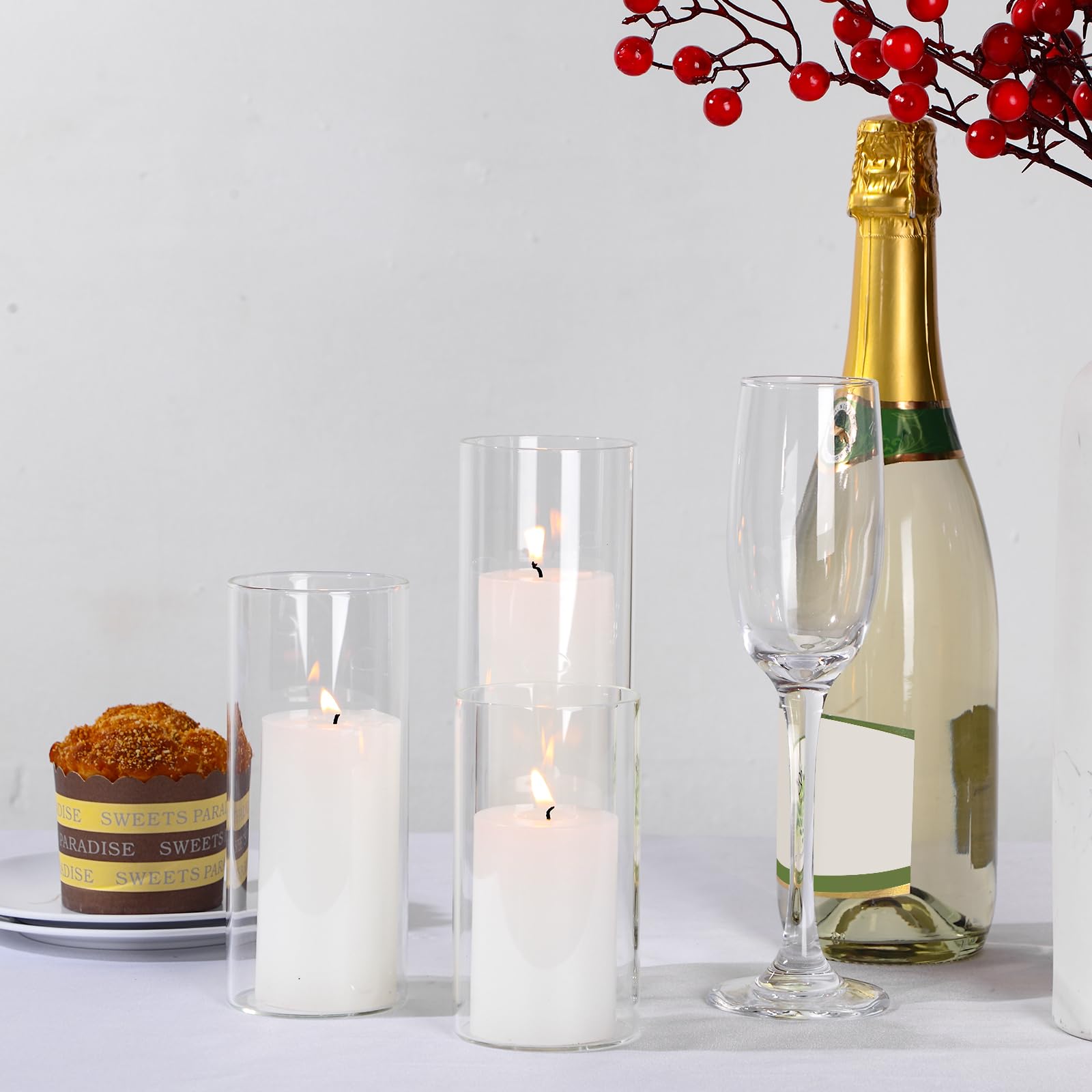 Shihanee 36-Piece Pillar Candle Set with Glass Cylinder Vases - 18 Sets (2.6'' x 4.7'', 5.9'', 7.9'') in Clear & White - Perfect for Wedding Centerpieces, Home Decor, and Romantic Ambiance Lighting
