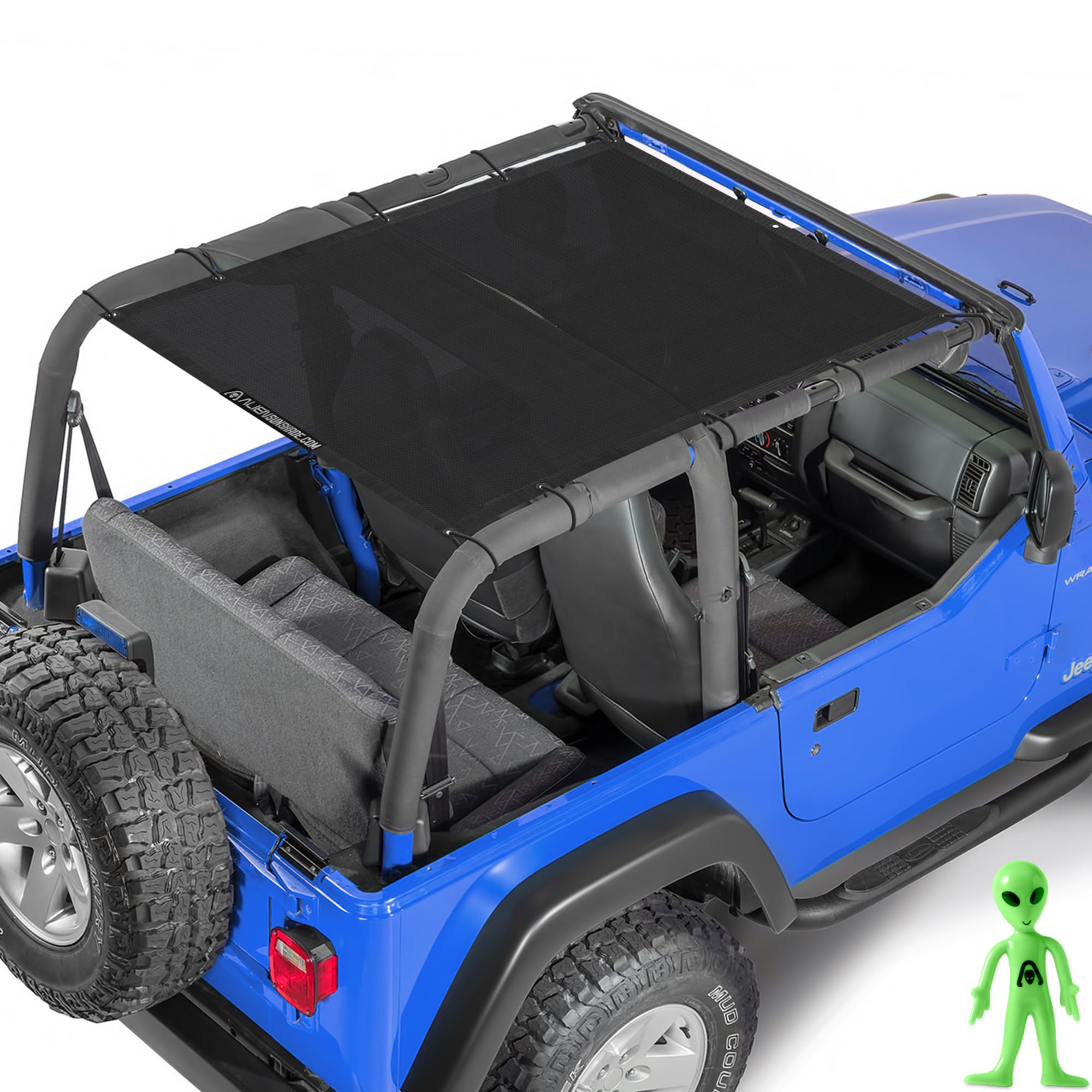 Alien Sunshade Jeep Wrangler TJ (1996-2006) & YJ (1987-1995) Full Length Mesh Sun Shade Top Cover - UV Wind Noise Protection - Black Bikini Top Accessory for 2 Door Wrangler - Perfect for Off-Roading, Beach Trips & Summer Adventures