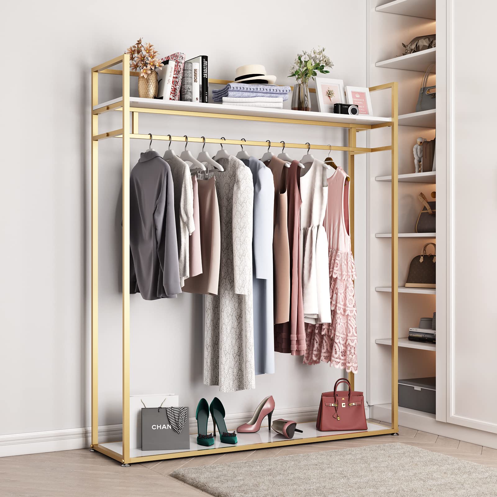 Heavy Duty Clothing Rack with Shelves - 59 Inch Gold Metal Freestanding Garment Rack for Hanging Clothes, Retail Display & Boutique Organization - Perfect for Stores, Closets & Home Use