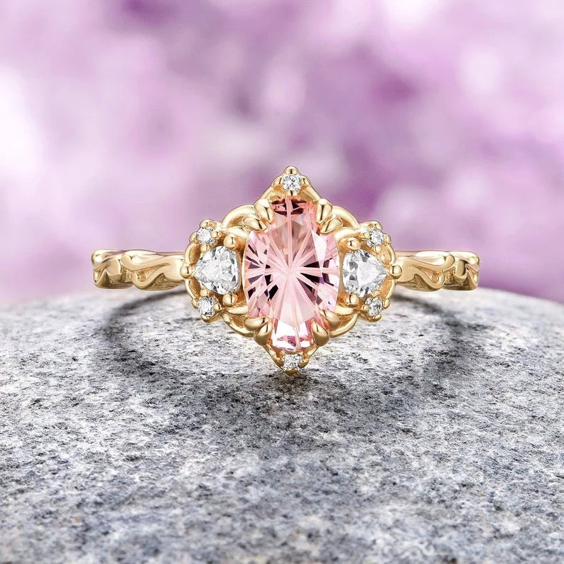 14K Solid Yellow Gold Morganite Star Cut Ring for Women | Elegant Engagement, Wedding, Anniversary Jewelry Gift