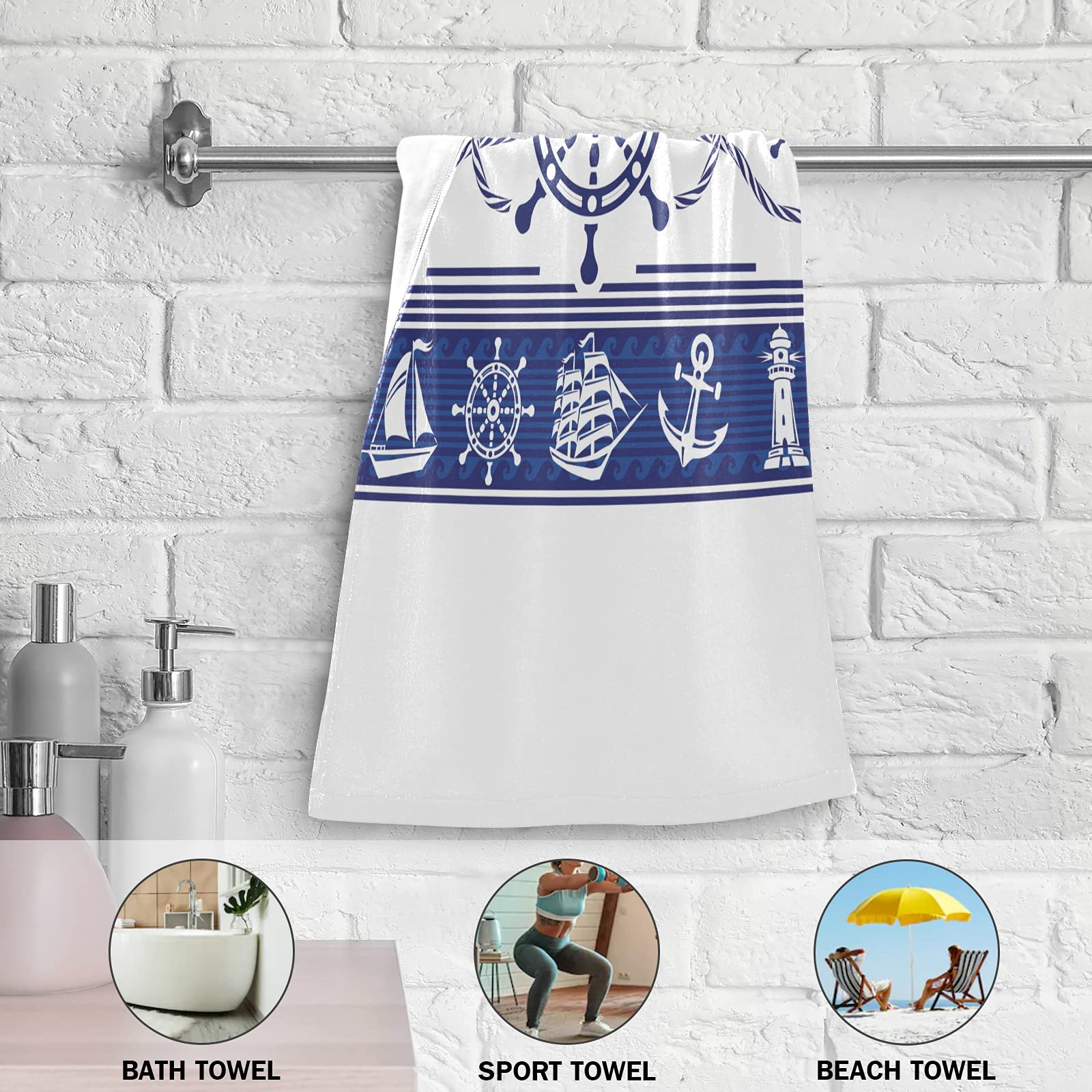Premium Nautical Sailboat Anchor Wheel Lighthouse Hand Towels - Set of 2 Blue Bath Towels, 28x14.5 Inch - Super Soft & Highly Absorbent for Bathroom, Gym, Spa & Hotel Use - Perfect Coastal Decor & Functional Hair Towel for Beach House, Guest Bath & Seaside Themed Rooms