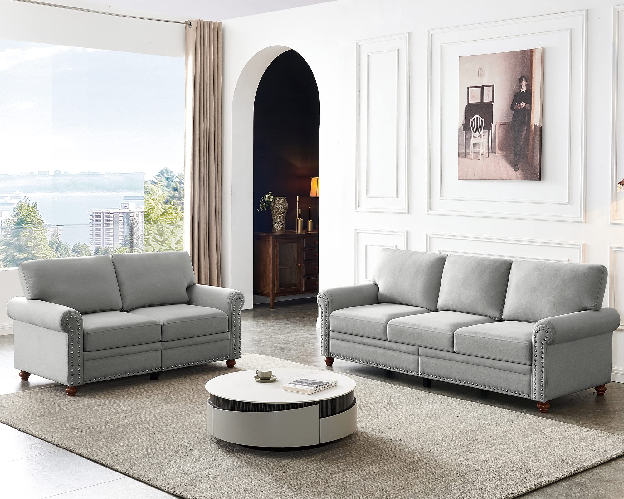 Mid Century Modern 2-Piece Sofa Set - Dolonm Upholstered Sectional Loveseat Couch for Living Room (Linen Grey) | Comfortable Small Space Furniture for Apartments & Cozy Home Decor