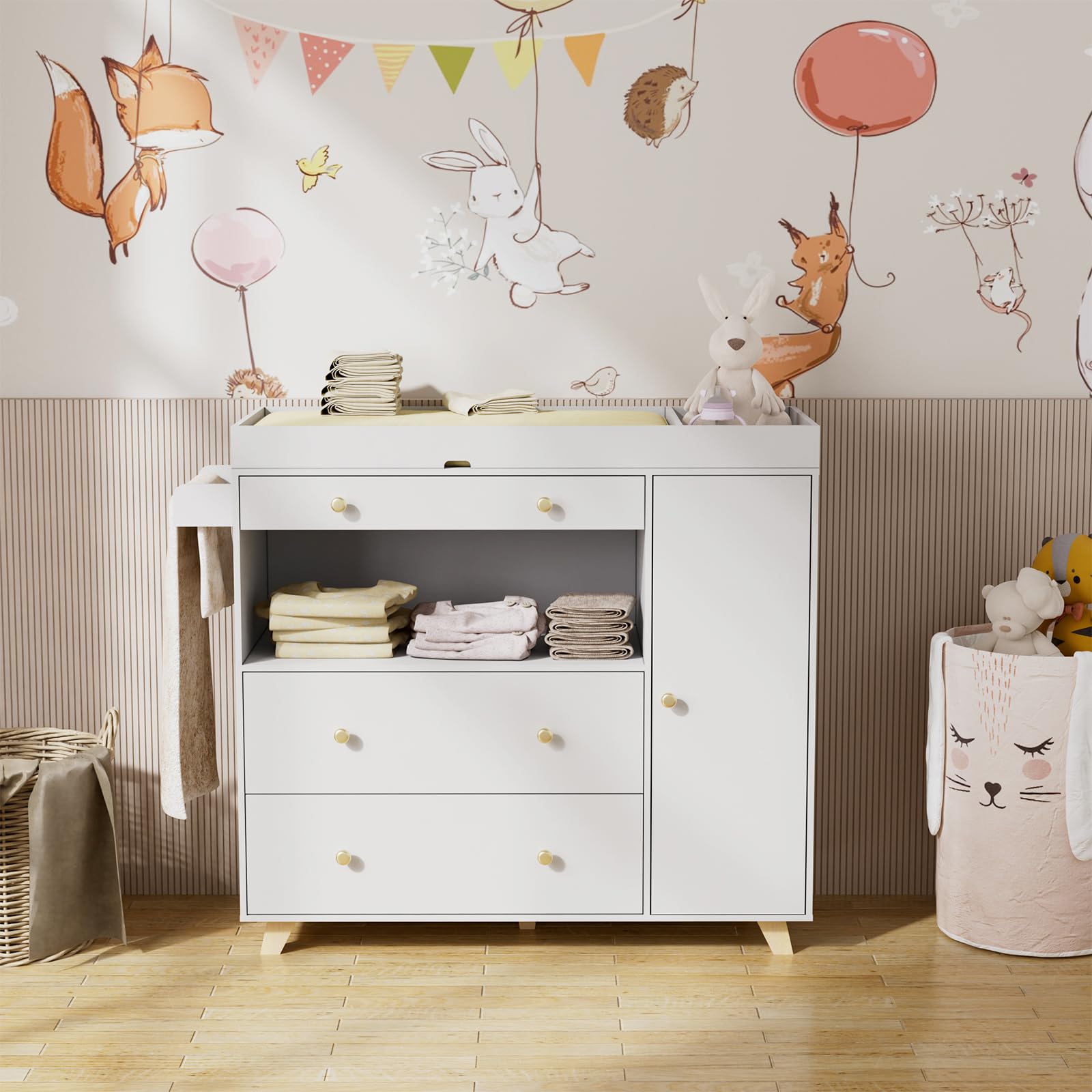Modern White Changing Table Dresser with 3 Drawers & Wide Table Top - Nursery Baby Diaper Station, Perfect for Newborn Care & Toddler Organization