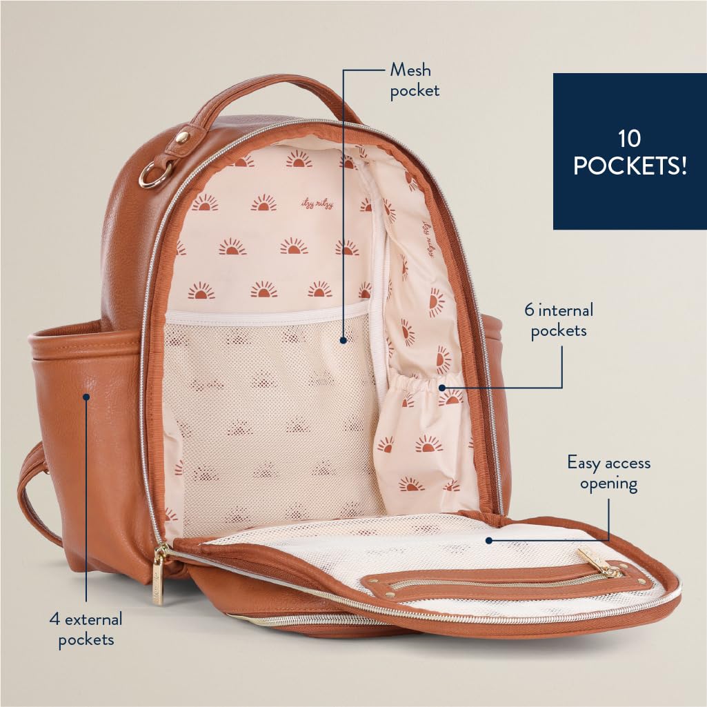 Itzy Ritzy Mini Plus Diaper Bag Backpack – Stylish Baby Diaper Backpack with Changing Pad, 10 Pockets (6 Internal & 4 External), Grab Handle & Rubber Feet – Cognac | Perfect for Travel, Daycare & On-the-Go Parents