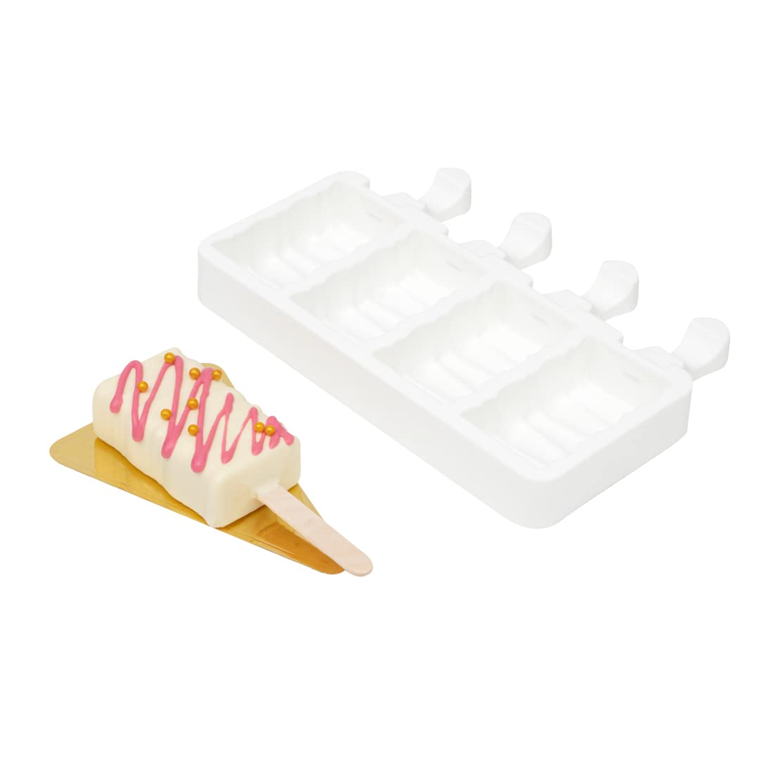 Restaurantware-Pastry Tek 4 Cavity Popsicle Molds & 10 Rectangle Cakesicle Molds - Flexible Freezer-Safe White Silicone Baking Molds for Cake Pops, Easy Release - Perfect for Homemade Desserts, Party Treats & DIY Frozen Snacks