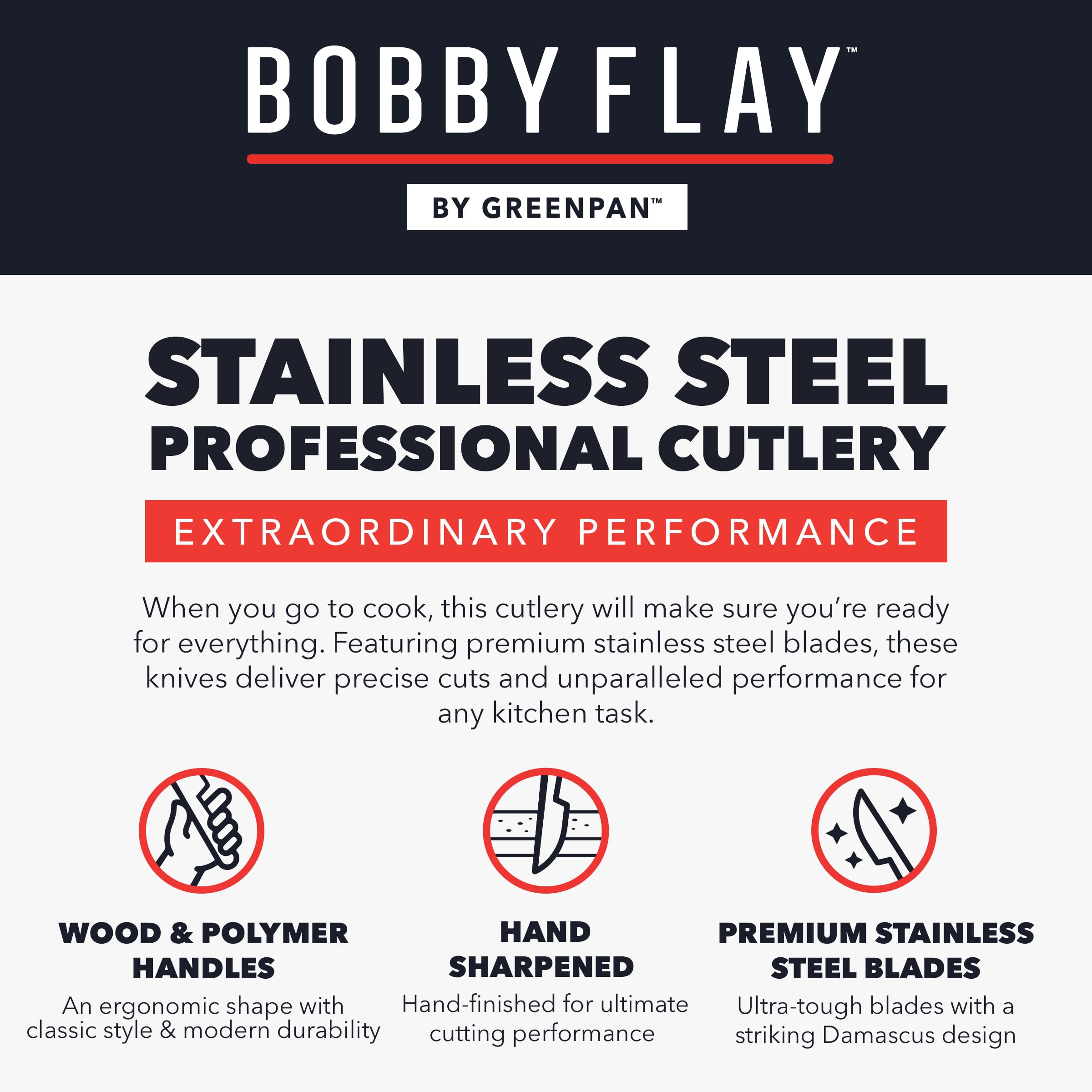 GreenPan x Bobby Flay 13-Piece Stainless Steel Knife Set with Acacia Wood Block - Premium Damascus Steel Kitchen Knives for Professional Chefs & Home Cooking - Perfect for Slicing, Dicing, and Food Prep