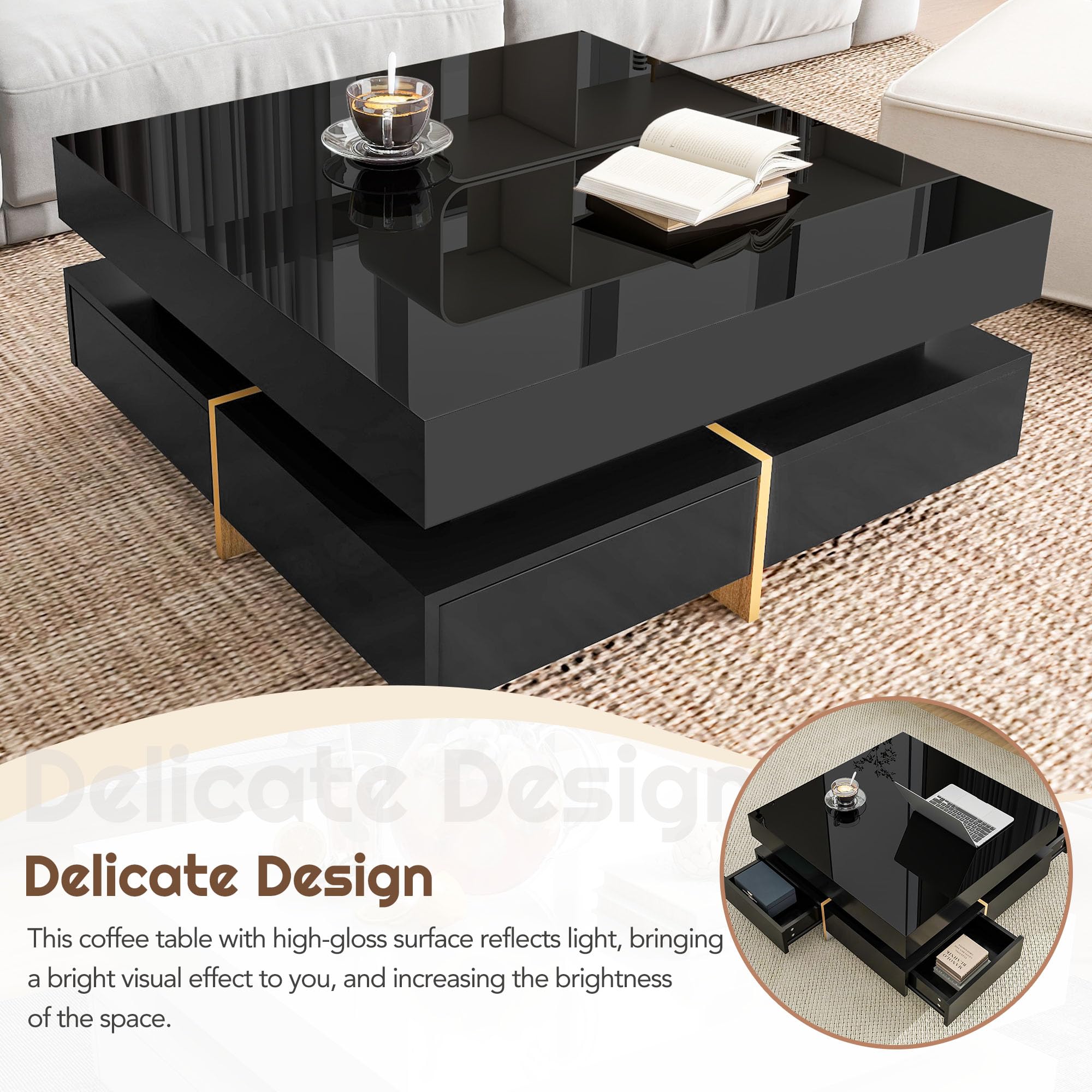 Modern High Gloss Coffee Table with 4 Drawers - Merax Multi-Storage Square Cocktail Table with Wood Grain Legs for Living Room, 31.5
