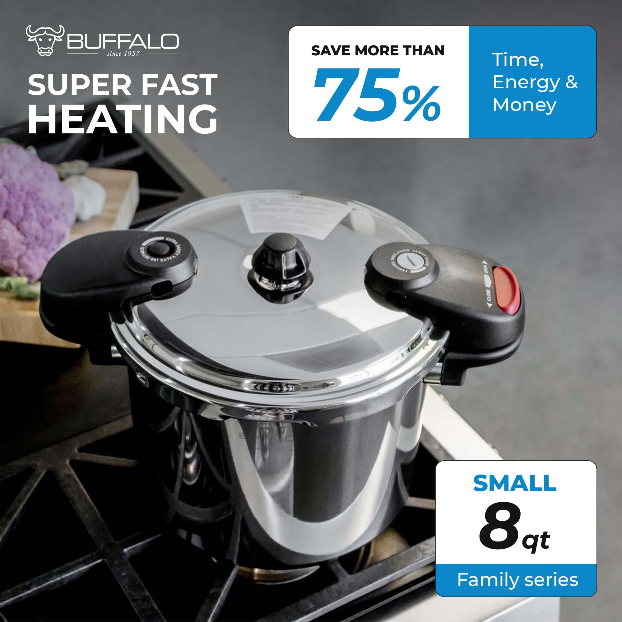 Buffalo QCP408 8-Quart Stainless Steel Pressure Cooker - Fast & Safe Cooking for Soups, Stews & Meals | Classic Series | Perfect for Home Kitchens & Camping