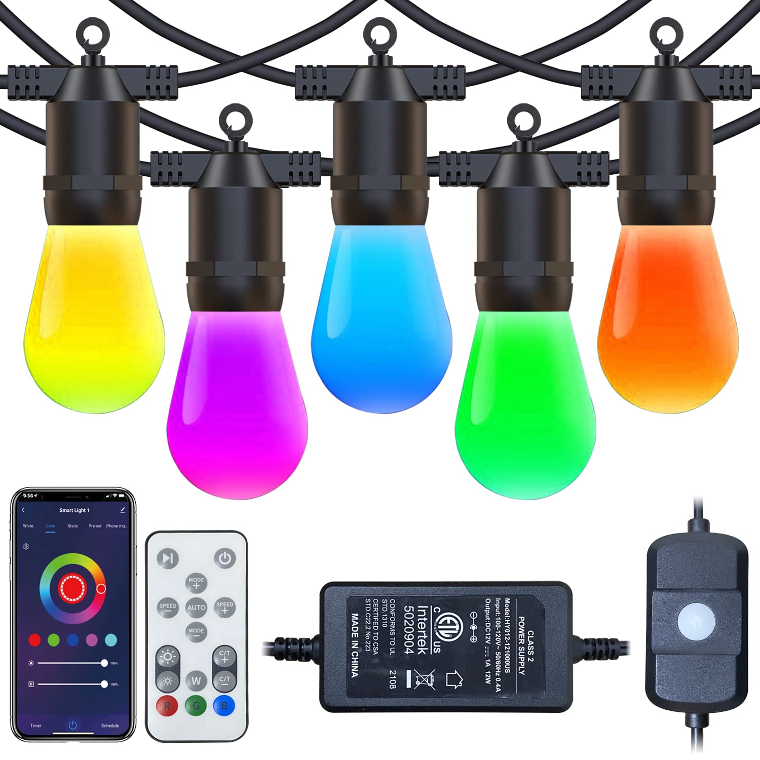 FMART 53FT Outdoor LED String Lights - RGB Color Changing, Dimmable Waterproof Patio Lights with 15 Bulbs & Wireless Remote - Perfect for Bistro, Backyard, Garden, Wedding, Party Decorations