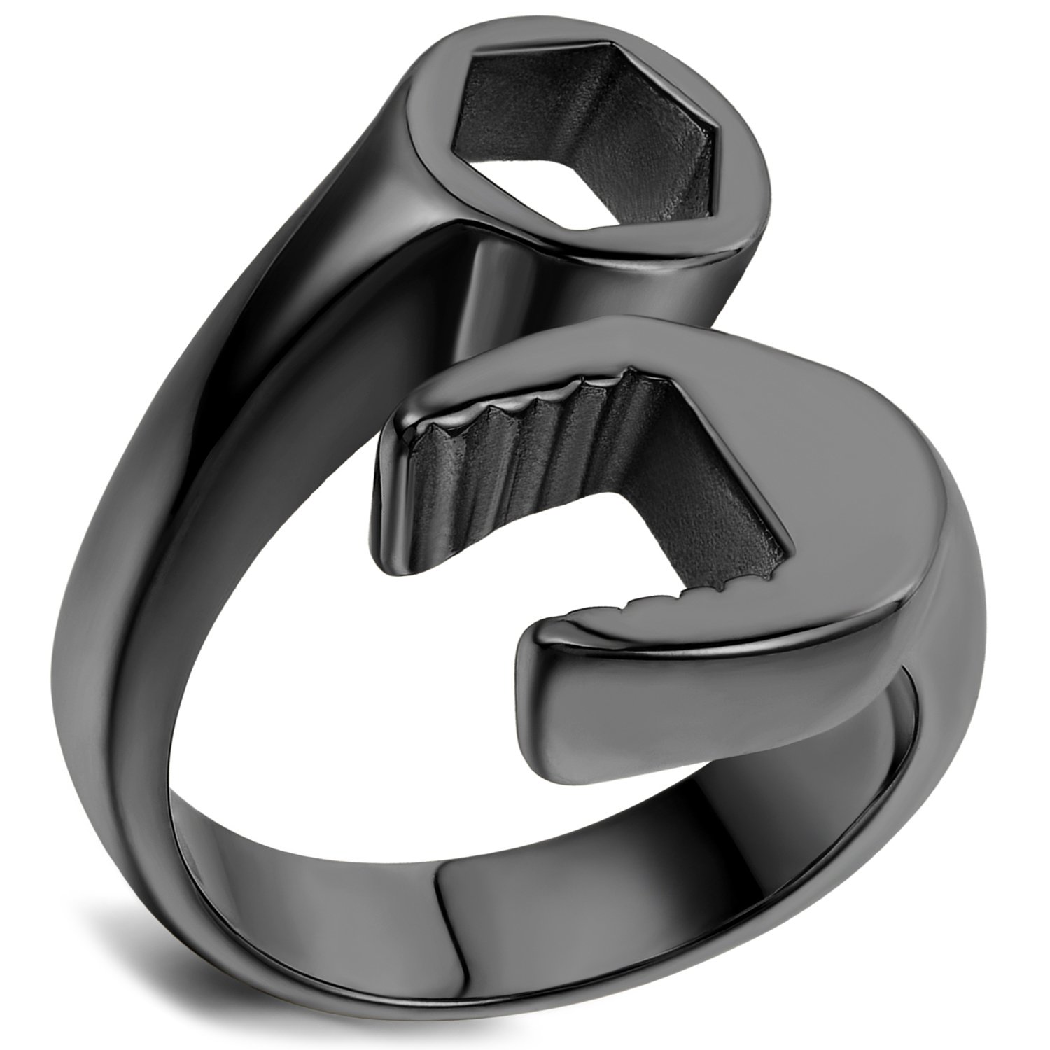 Men's Biker Mechanic Wrench Tool Ring - Stainless Steel Jewelry Gift for Motorcycle Riders - Black Polished Band - Perfect for Biker Gangs, Motorcycle Clubs & Gearhead Gifts
