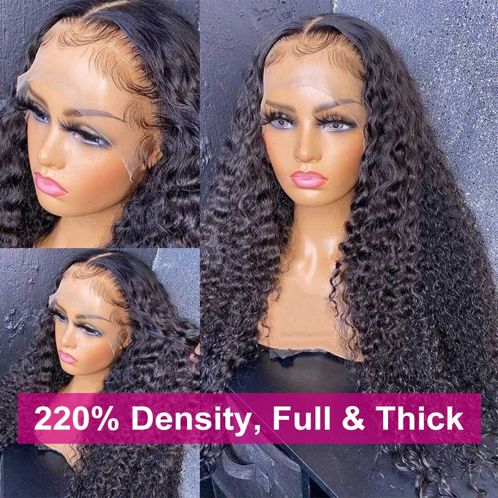 Pizazz 220% Density Deep Wave Human Hair Wigs for Black Women - 13x4 Glueless HD Transparent Lace Front Wig with Baby Hair - Natural Color 16 Inch - Perfect for Daily Wear, Parties & Special Occasions