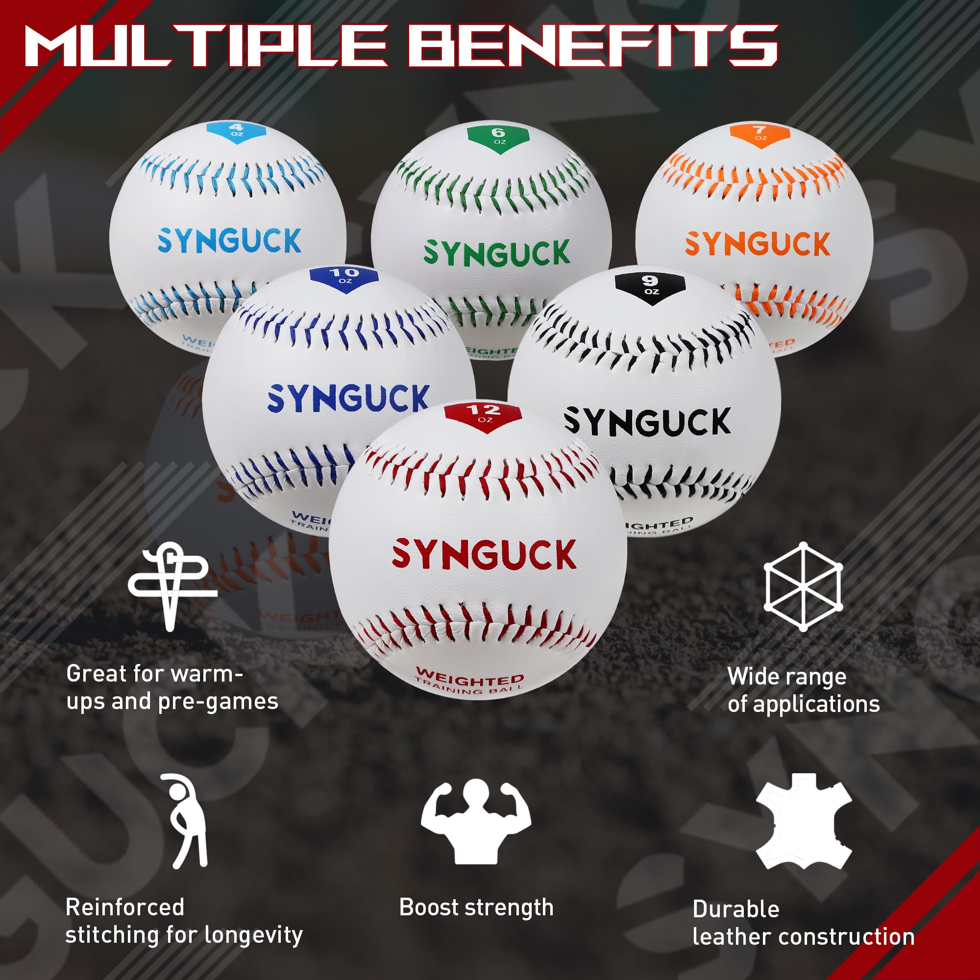 SYNGUCK Weighted Baseballs Set of 6 (4/6/7/9/10/12oz) - Improve Pitching Speed & Strength Training for Baseball Players - Perfect for Pitching Practice, Velocity Training & Arm Conditioning