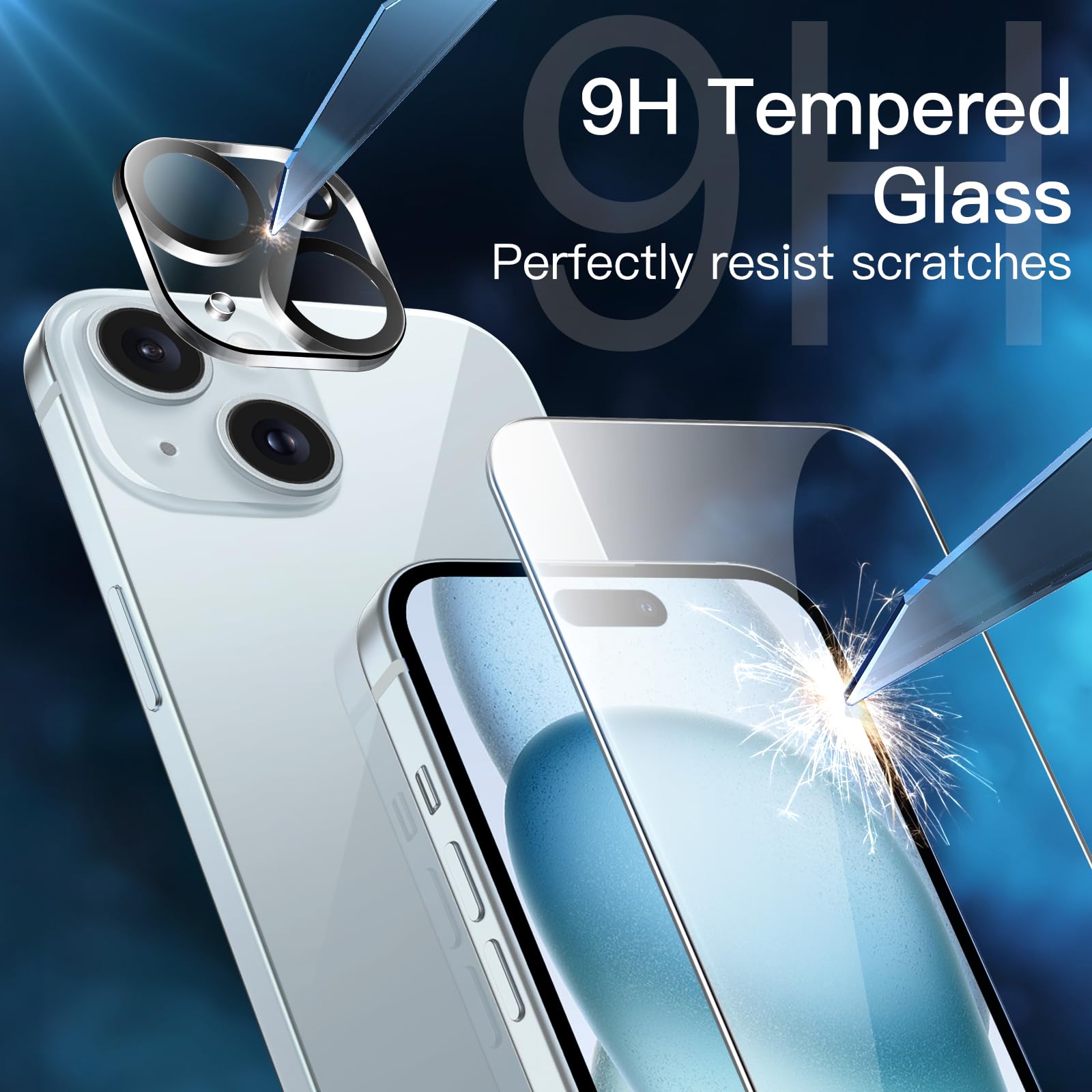 JETech 5-in-1 Matte Shockproof Case for iPhone 15 Plus 6.7-Inch with 2-Pack Tempered Glass Screen Protector & Camera Lens Protector - Translucent Back Cover (Bright Blue) | Premium Protection for Work, Travel & Outdoor Activities
