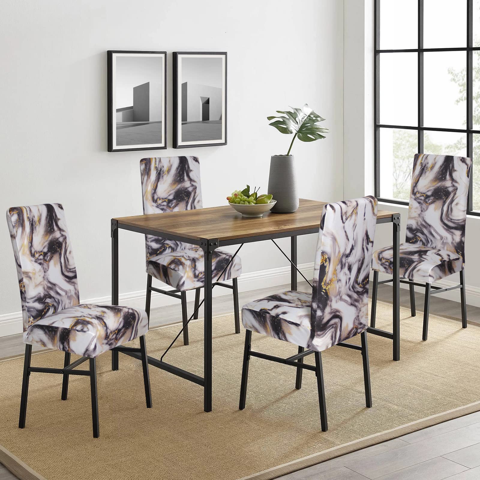 Gibelle Stretch Spandex Dining Chair Covers Set of 4 - Washable Removable Slipcovers for Parsons Chairs in Black Gold Marble Pattern | Perfect for Kitchen, Dining Room & Home Decor