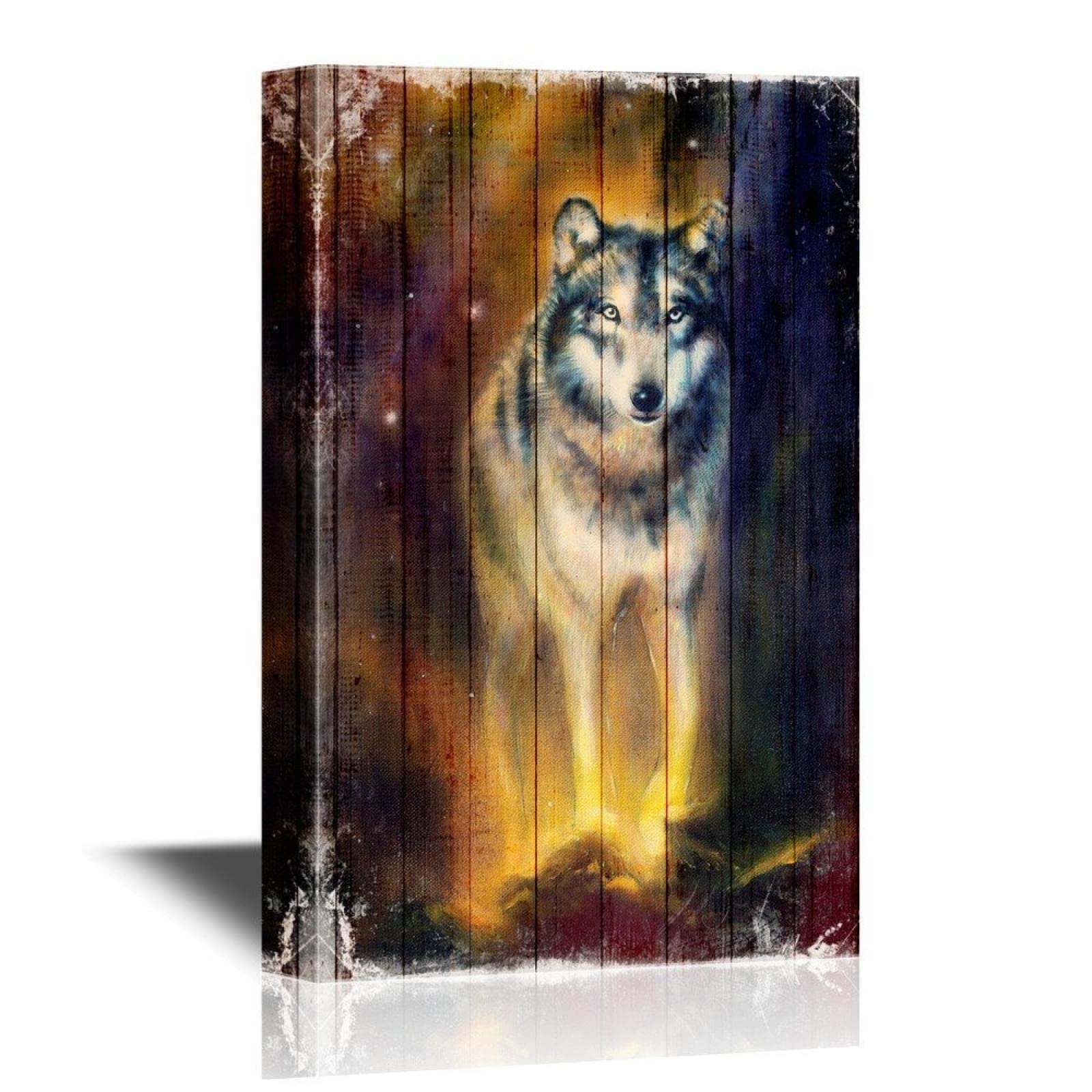 Wolf on Wooden Style Canvas Wall Art - Rustic Framed Print Painting for Living Room & Bedroom Decor - 55x85cm (22x33in) - Perfect for Cabin, Lodge, or Nature-Themed Home Décor