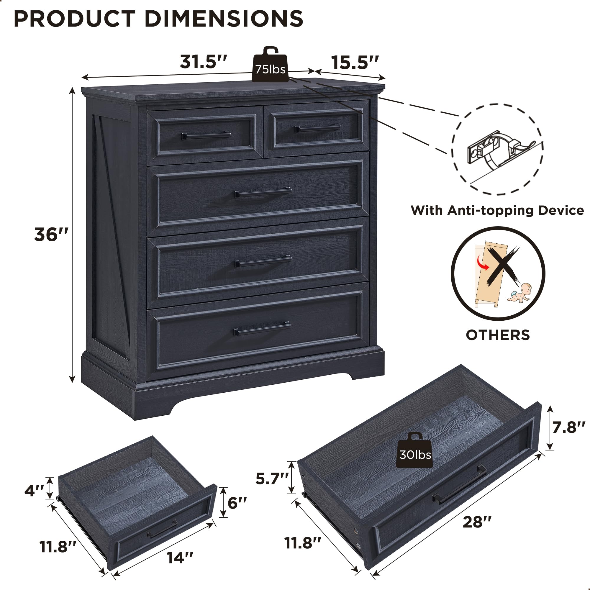 Farmhouse 5-Drawer Dresser for Bedroom - 36 Inch Tall Modern Chest of Drawers with Large Storage Space & Rustic Wood Finish - Perfect for Bedroom, Living Room, Hallway Organization - Black Home Furniture for Farmhouse & Rustic Decor Style