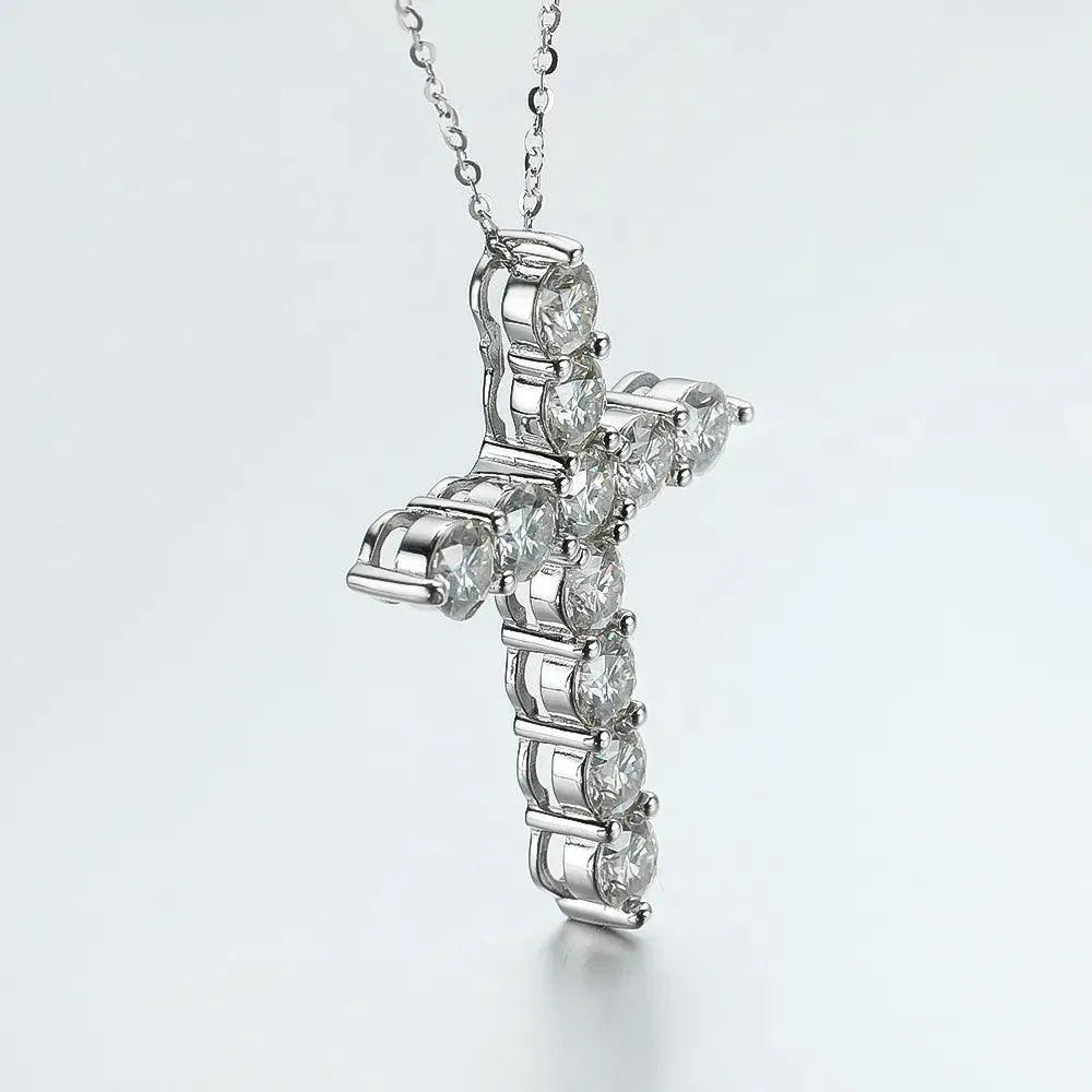 KNOBSPIN Genuine Moissanite Cross Pendant Necklace - 925 Sterling Silver Chain with 18K White Gold Plating | Elegant Women's Jewelry for Church, Weddings & Special Occasions