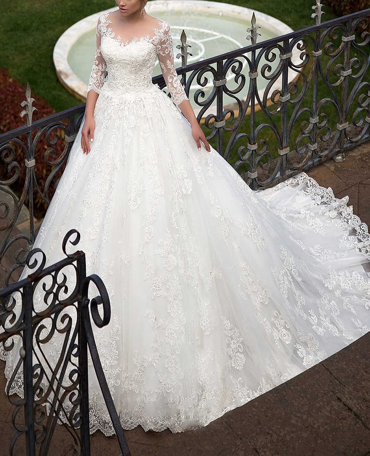Elegant Lace Applique A-Line Wedding Dress for Bride 2024 - Court Train Bridal Ball Gown with Long Sleeves | Perfect for Church Ceremony, Beach Wedding & Formal Reception