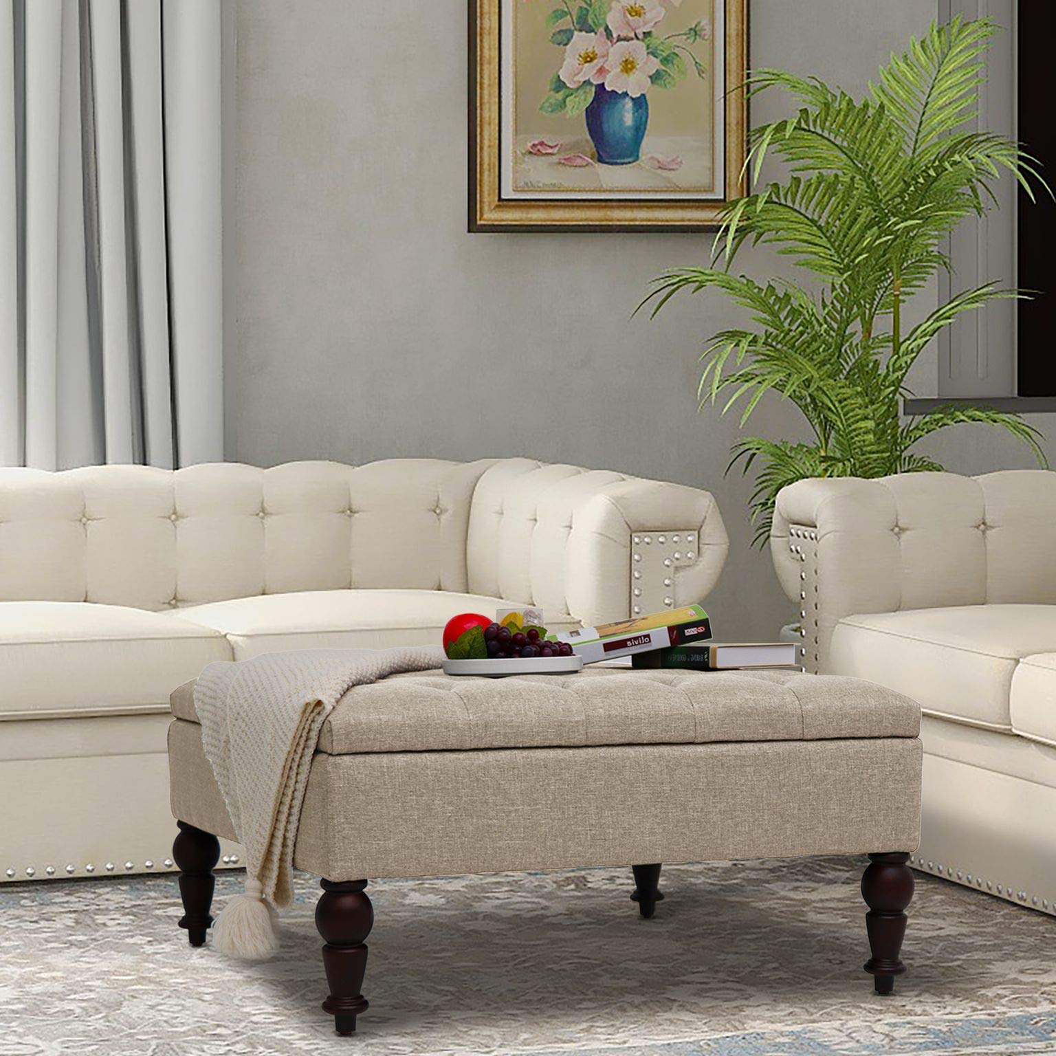 MAYPEX 35 Inch Tufted Square Storage Ottoman Coffee Table with Smooth Hinge Lid - Multi-Functional Bench Seat for Living Room, Bedroom & Office - Beige Home Decor - Perfect for Extra Seating, Storage & Stylish Home Organization