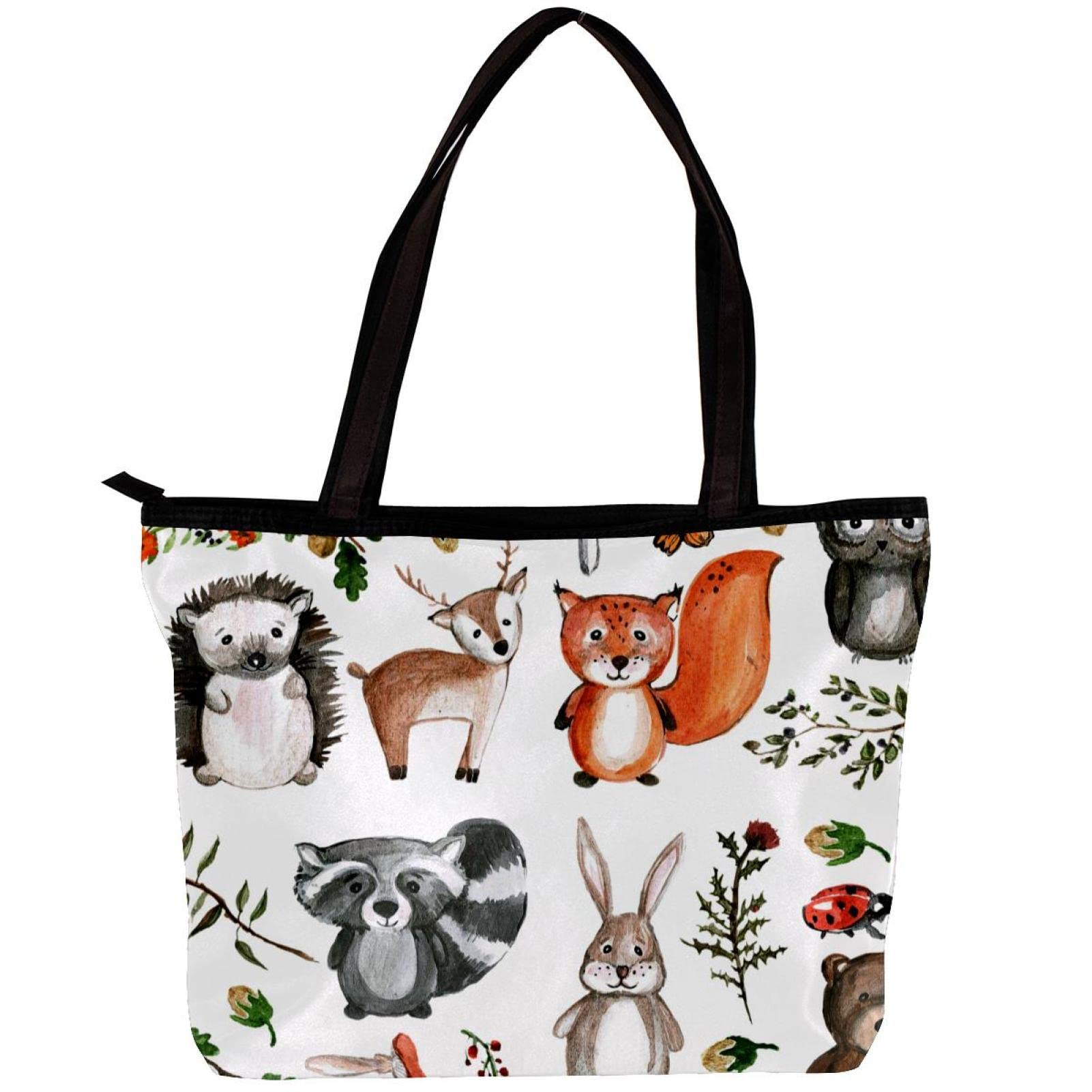 Stylish Watercolor Animal Print Tote Bag for Women - Large Beach Bag, Laptop Bag, Shoulder Purse with Zipper (Hedgehog Fox Deer Bear Design) - Perfect for Work, Travel, Shopping & Beach Outings