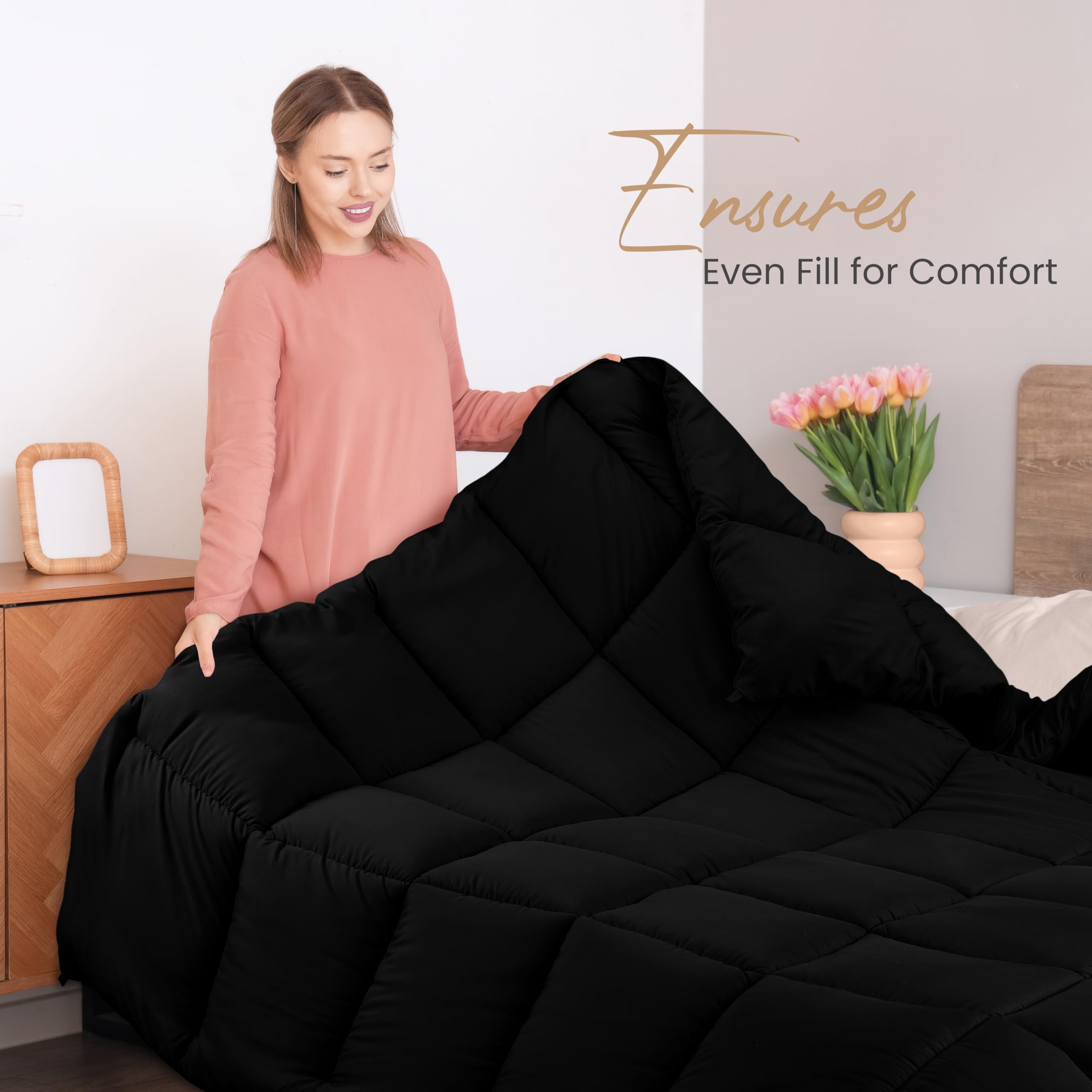 Premium King Size All-Season Down Alternative Comforter Set - Box Stitched Design with Corner Tabs, Ultra Soft & Machine Washable (Black, 3-Pack) - Perfect for Master Bedroom, Guest Room & Cozy Home Decor