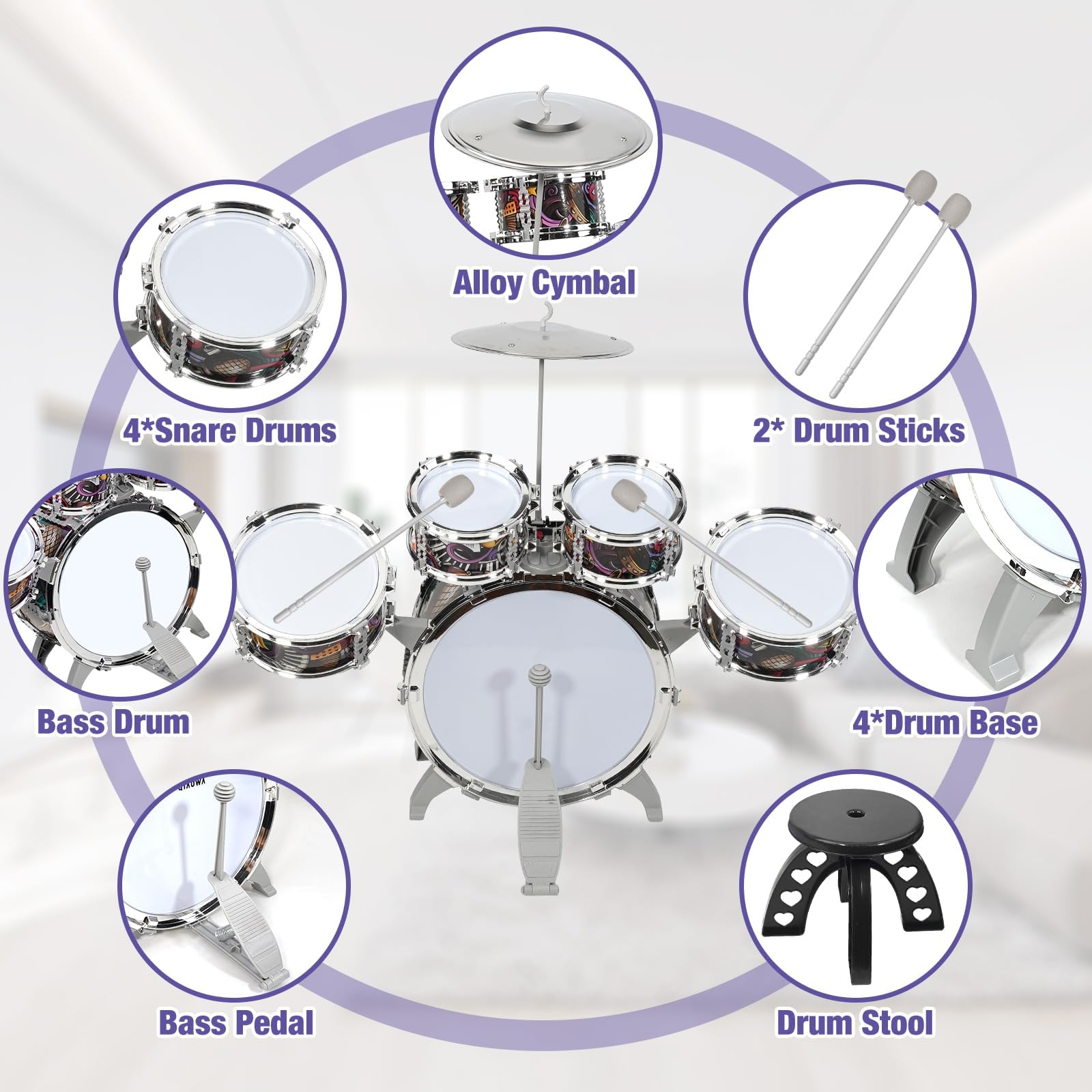 Raimy 5-Piece Toddler Drum Set - Mini Jazz Drum Kit for Kids Ages 3-8 | Musical Instruments Toy Gift for Boys & Girls | Perfect for Birthday, Christmas & Early Music Education