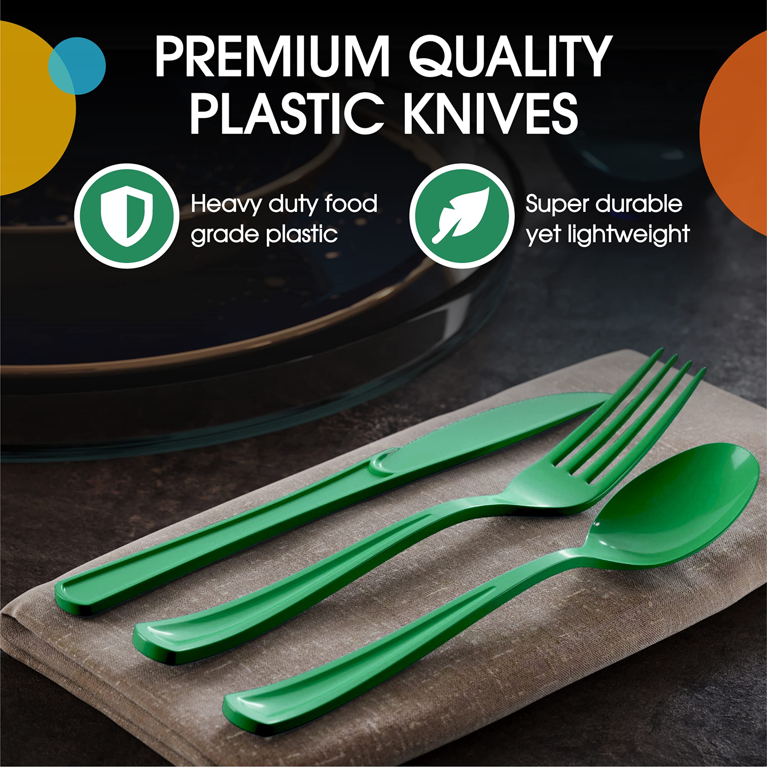 50-Pack Heavy Duty Green Plastic Knives - Disposable Cutlery Set for Parties, Picnics & Events | Durable Eco-Friendly Flatware for Outdoor Dining, BBQ, Camping & Catering
