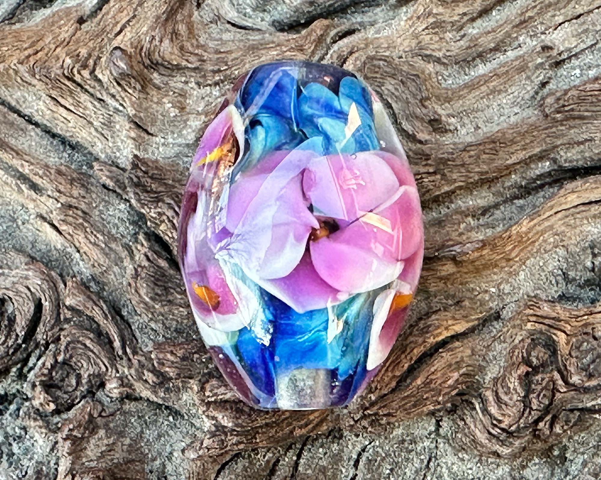 Purple Floral Blue Lampwork Glass Focal Bead for Jewelry Making - DIY Necklace, Bracelet, Earrings & Craft Projects