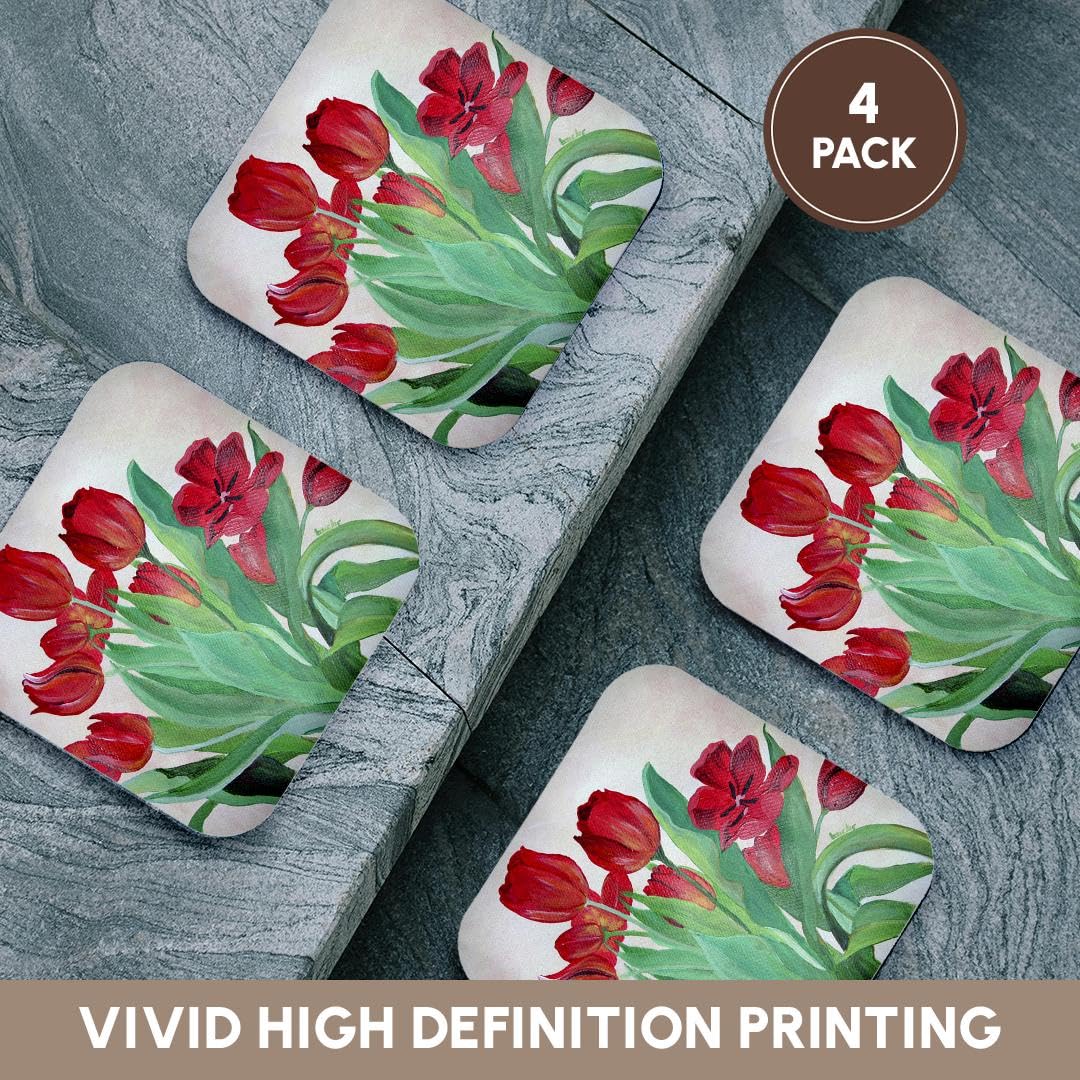 3D Rose Set of 4 Soft Coasters - Red Tulips Floral Design, Flower Bouquet Coasters for Home Decor, Kitchen, Dining Table, and Office Use
