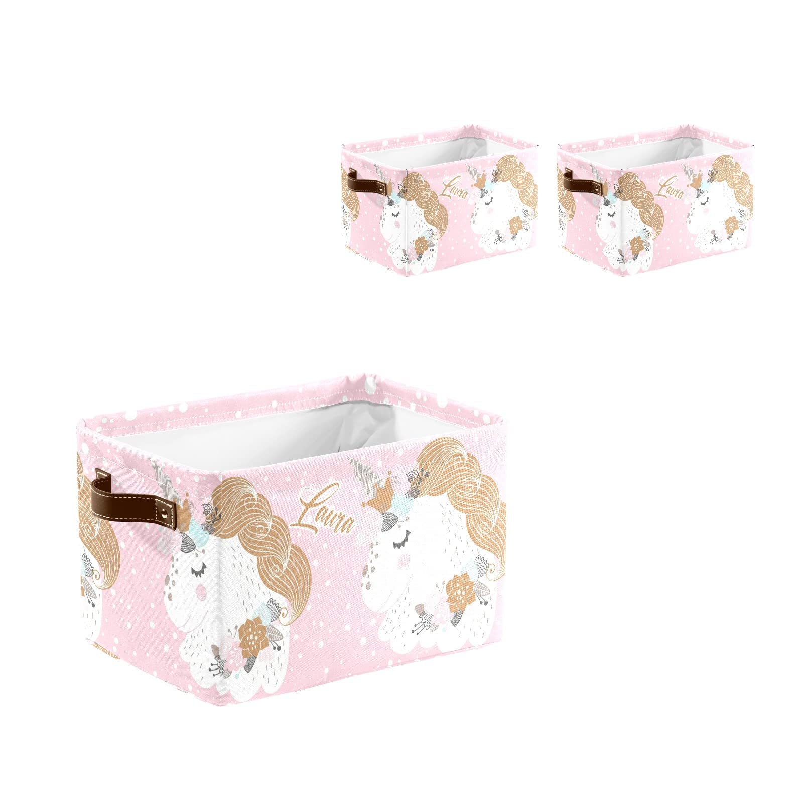 Personalized Pink Cartoon Unicorn Storage Bins with Handles - Custom Name Kids' Closet Organizer, 2-Pack Toy & Book Storage Boxes for Bedroom, Nursery, and Playroom Organization