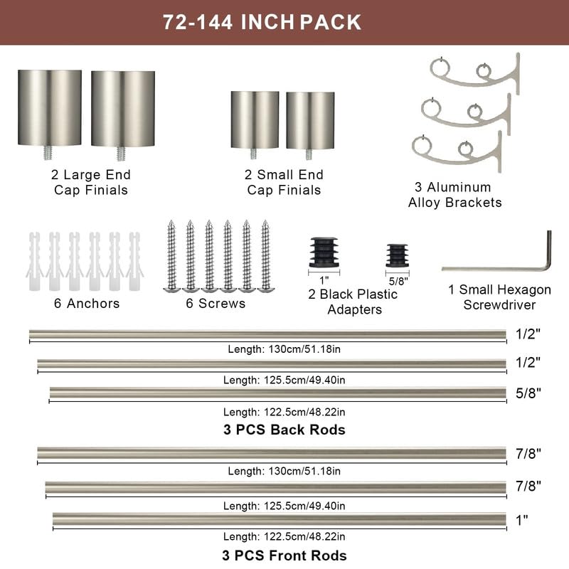 Brushed Nickel Double Curtain Rods 72-144 Inches (6-12 Feet) - Adjustable Heavy Duty Dual Drapery Rod with Cap Finials, 1 Inch Front & 5/8 Inch Back Rod for Living Room, Bedroom, and Office Window Treatments