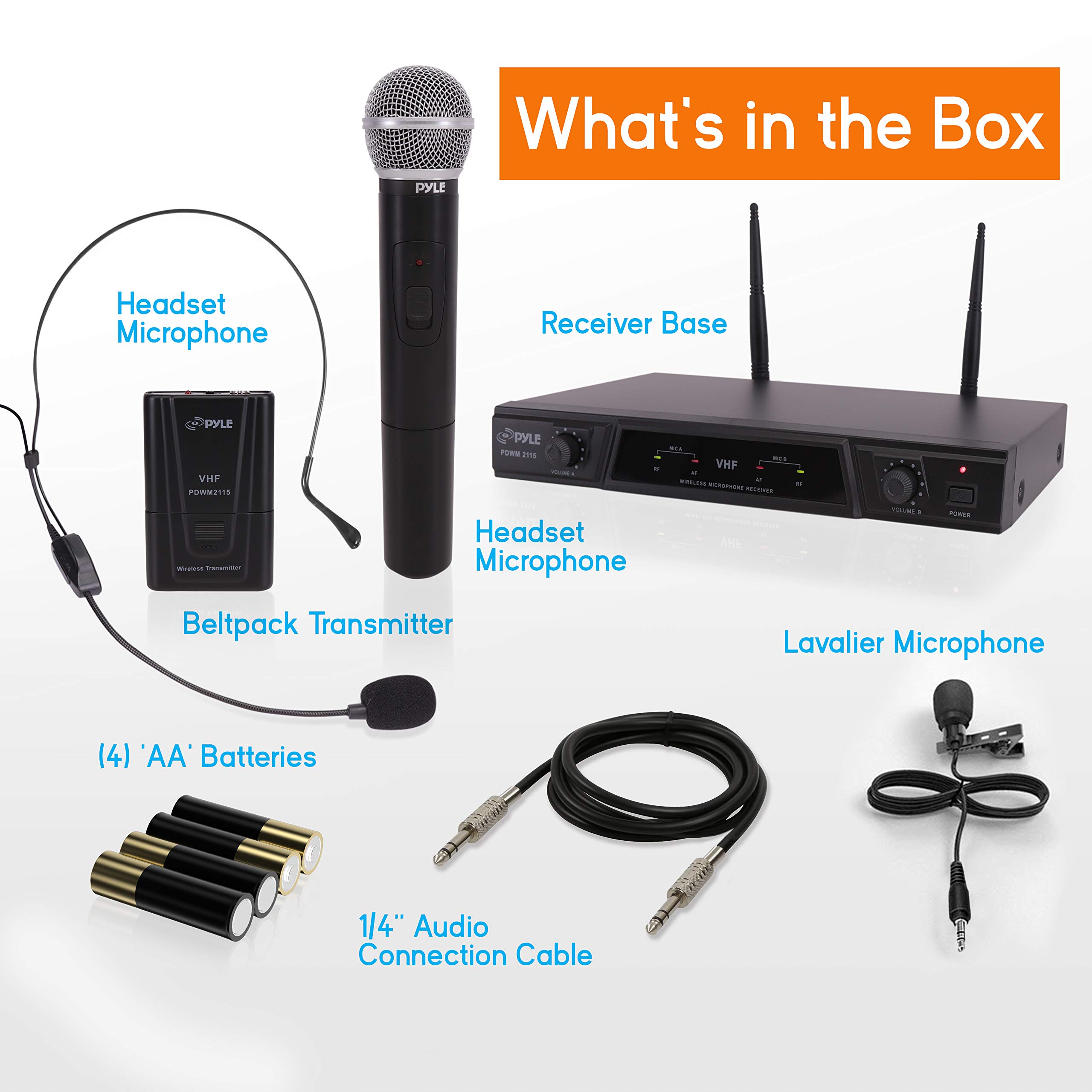 Pyle Pro PDWM2115 Dual Channel Wireless Microphone System - Portable VHF Audio Mic Set with Lavalier, Handheld & Headset Mics, Transmitter, ¼’’ Cable & Power Adapter - Ideal for Karaoke, DJ Performances, Public Speaking & Live Events