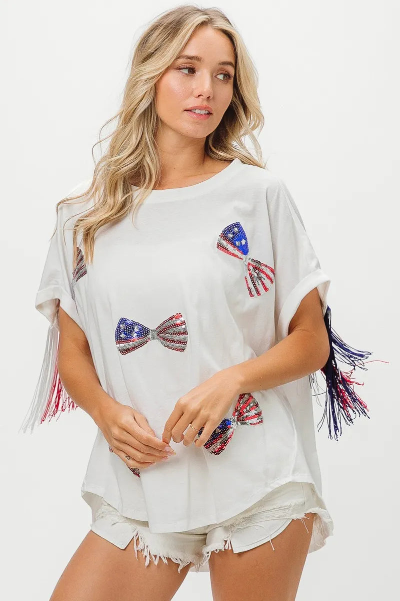 BiBi Patriotic American Flag Sequin Ribbon T-Shirt - Stylish USA Pride Top for Women, Perfect for 4th of July, Memorial Day & Independence Day Celebrations