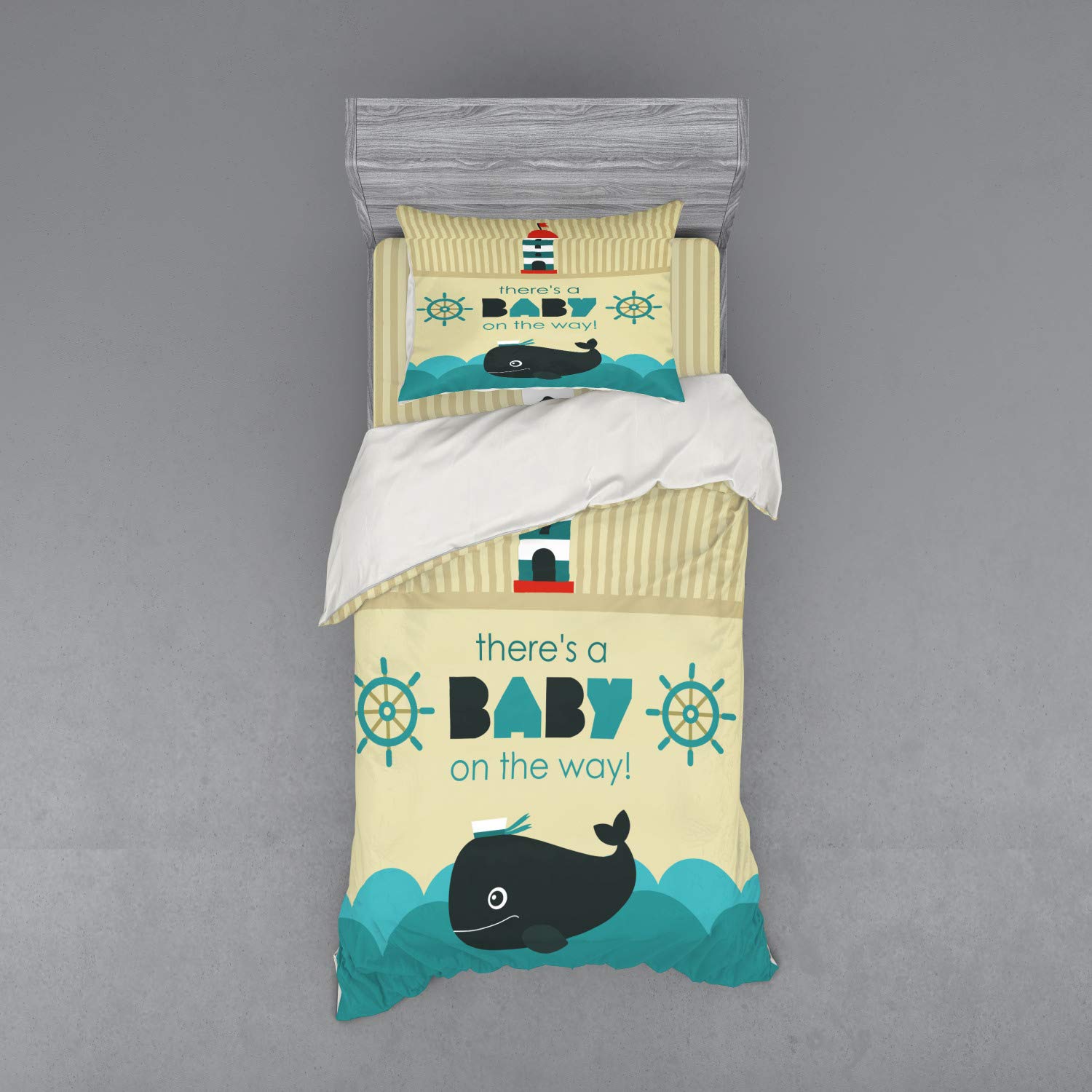 Ambesonne Gender Reveal Party Bedding Set - 'Little One on The Way' Marine Theme with Dolphin & Ship Wheel - 3 Piece Duvet Cover Set with Pillow Sham & Fitted Sheet - Twin Size Dark Blue Khaki Teal - Perfect for Baby Showers & Nursery Decor