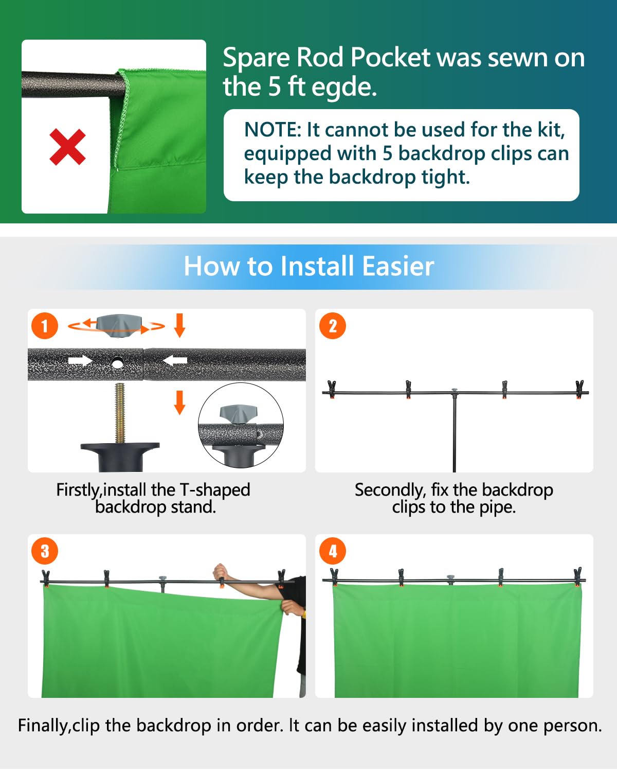 HEMMOTOP 5x6.5 ft Portable Green Screen Backdrop Kit with Stand - Professional Chroma Key Background for Live Streaming, YouTube Videos, Zoom Meetings & Gaming - Includes Clips & Carrying Bag for Easy Setup & Transport