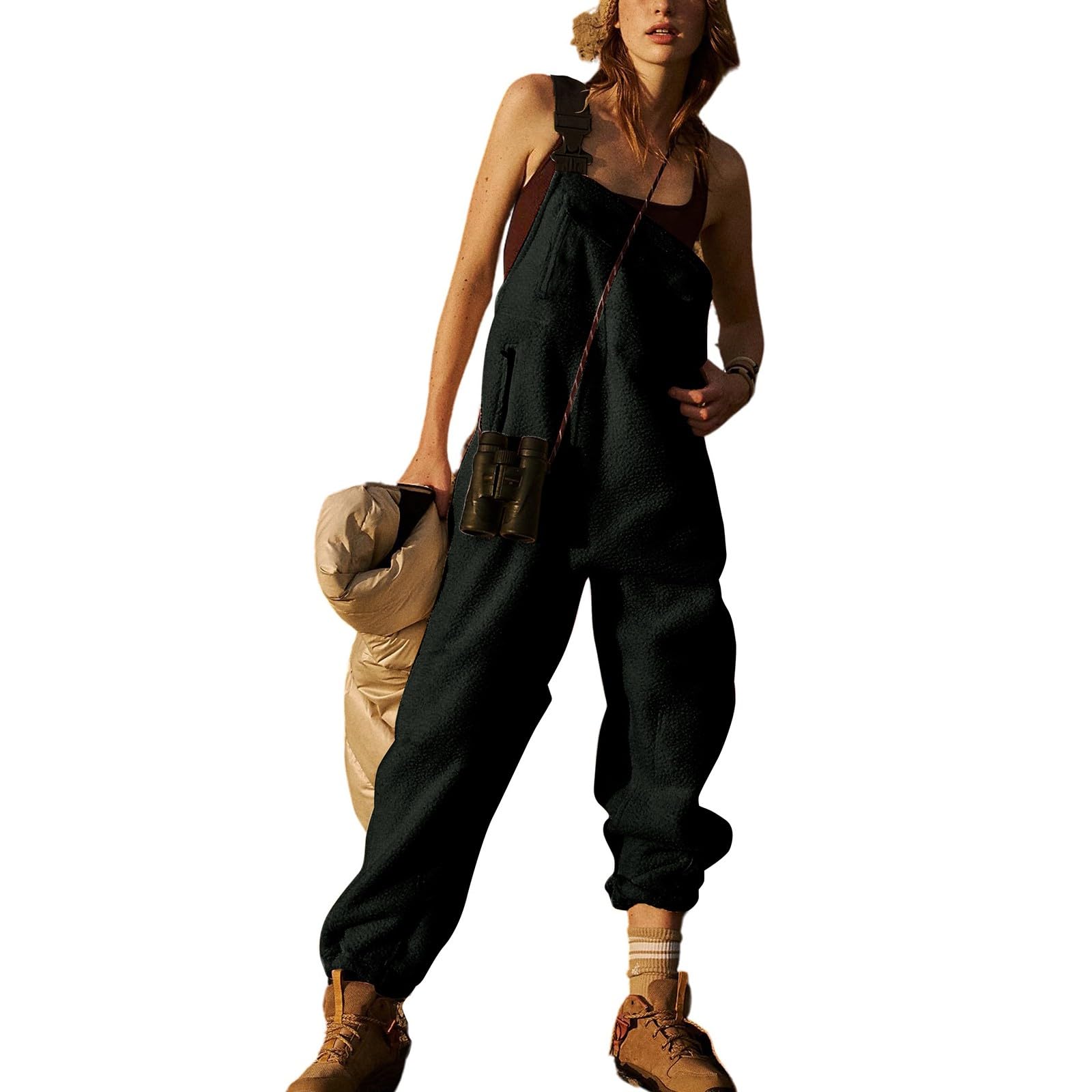 Women's Fleece Overalls Winter Warm Fuzzy Jumpsuit with Pockets - One Piece Fluffy Snow Bibs Adjustable Strap Snowsuit for Outdoor Activities, Skiing, Snowboarding & Casual Winter Wear