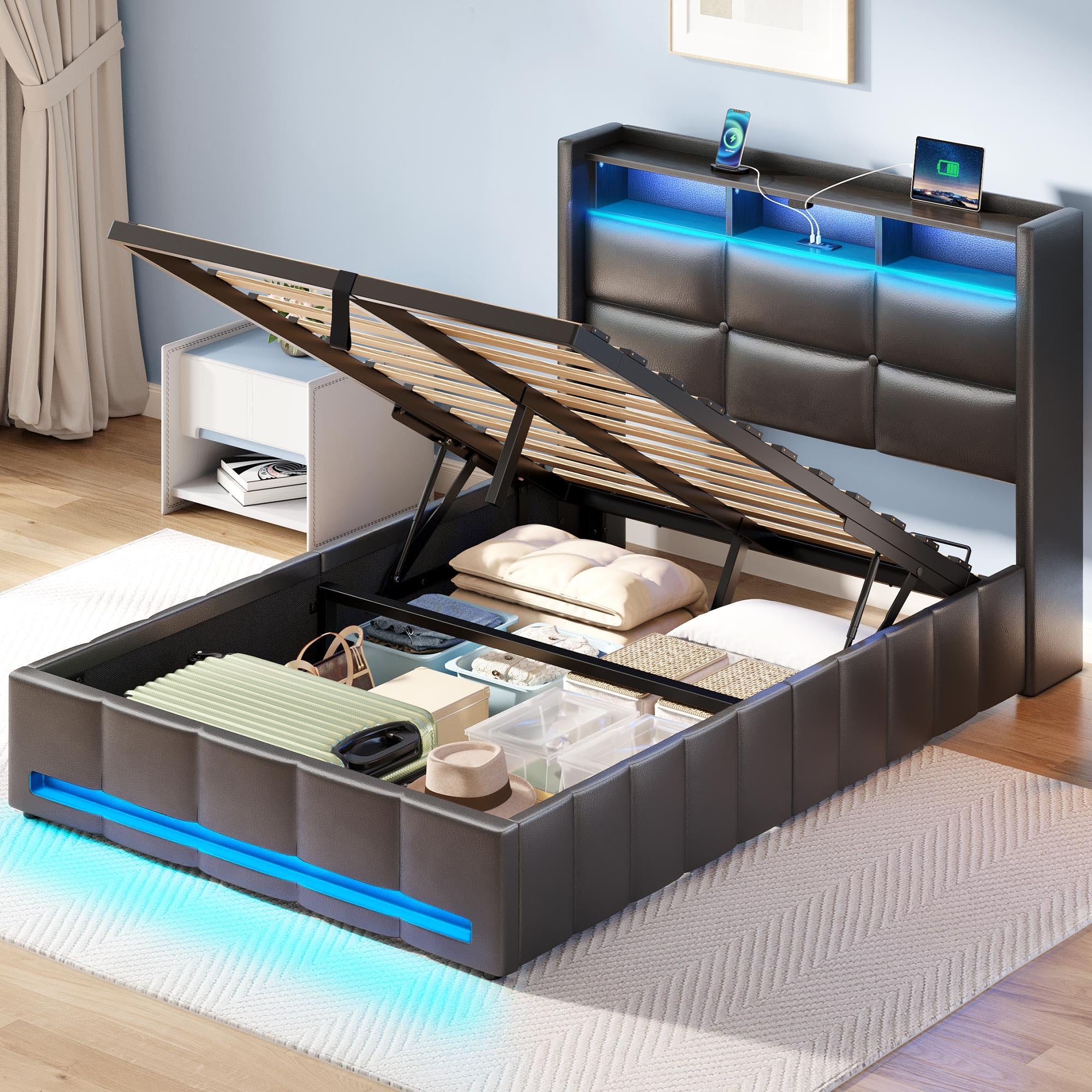 Rolanstar Twin Size Upholstered Bed Frame with Lift Up Storage, USB Charging Station & LED Lights - Heavy Duty Wooden Slats, No Box Spring Needed, Noise Free, Easy Assembly - Perfect for Small Bedrooms, Dorm Rooms & Studio Apartments (Black)