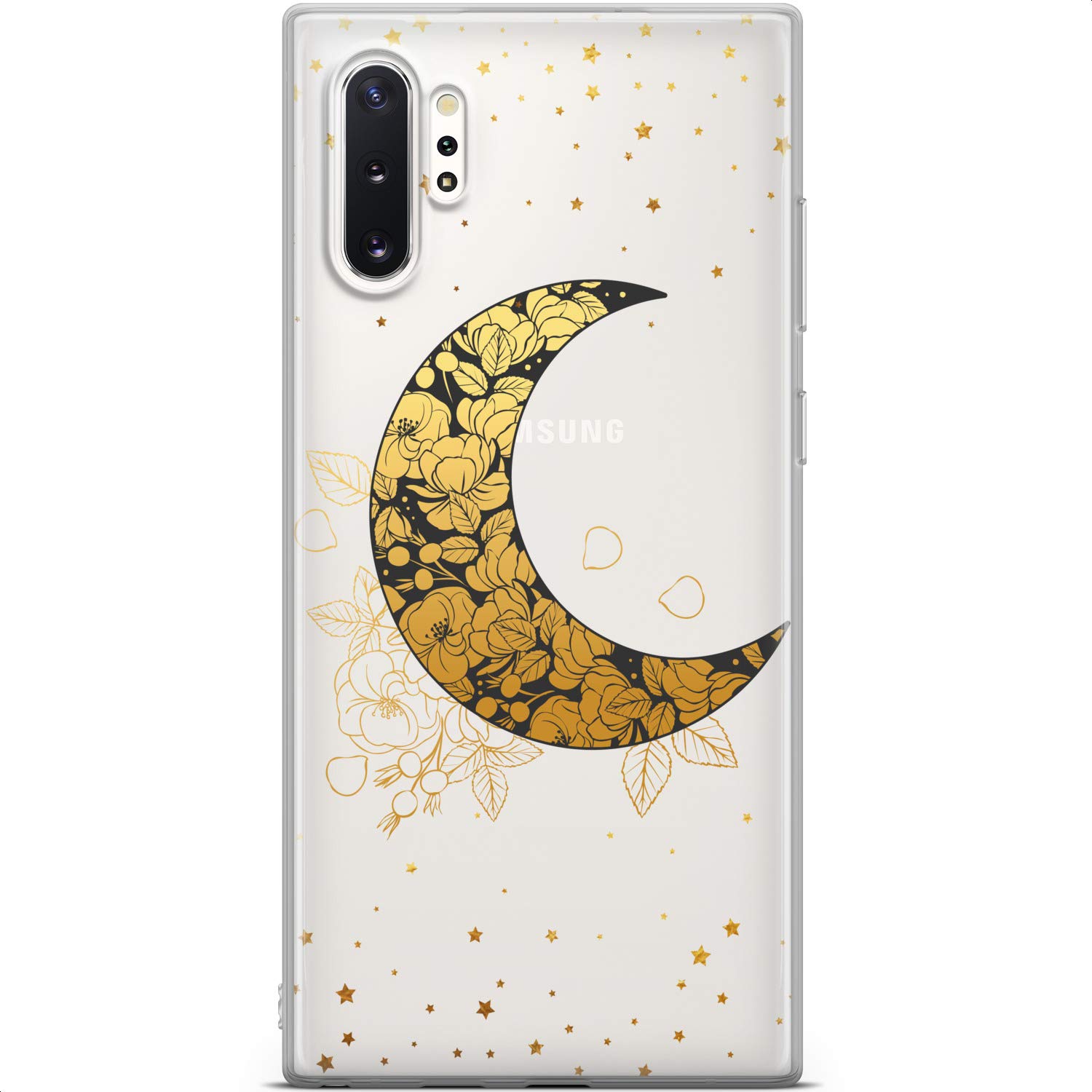 Samsung Galaxy S24 S23 Ultra S22 5G Plus S21 FE S20 S10 Phone Case - Gold Floral Celestial Design Slim Silicone TPU Protective Cover with Crescent Moon Blossom Flowers | Perfect for Everyday Use, Travel & Gift Giving