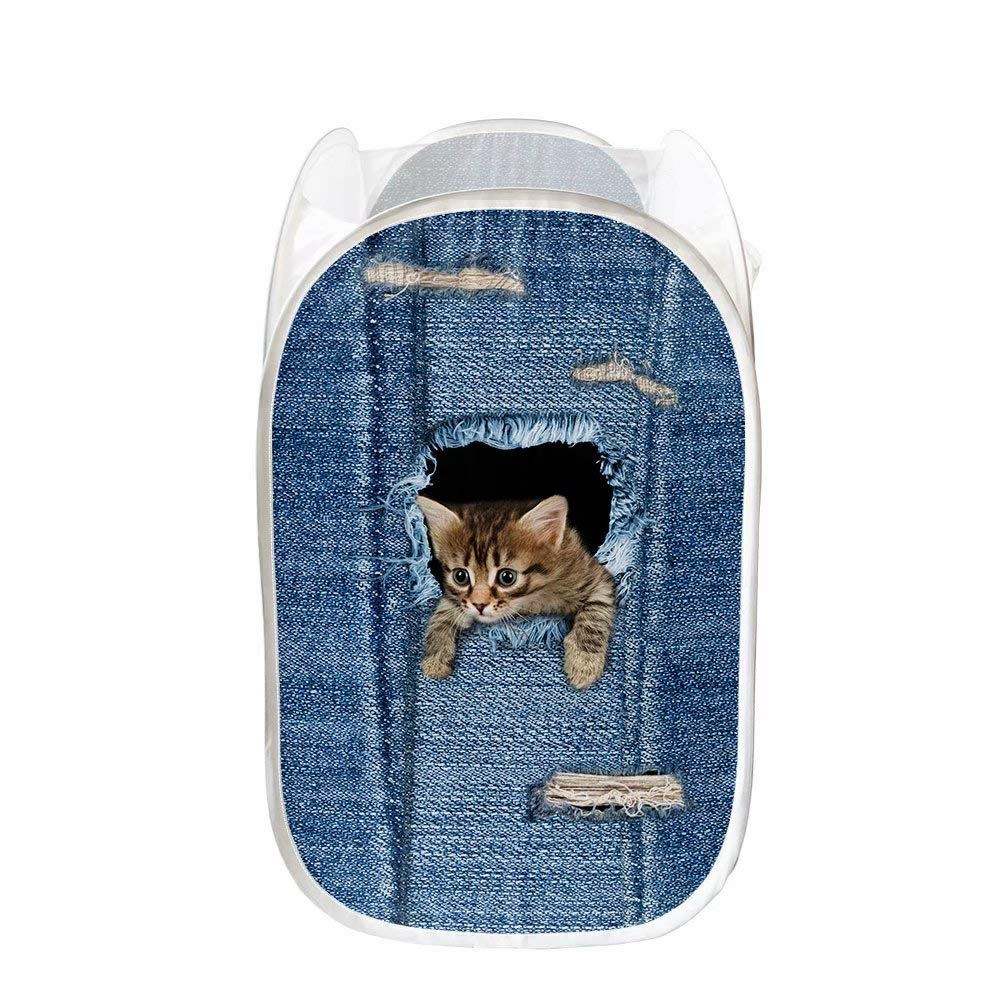 AFPANQZ Foldable Mesh Laundry Basket - 61L Large Pop-Up Hamper with Cute Cat Denim Print, 13.5x13.5x21 Inches - Perfect for Nursery, Toy Storage & Clothes Organizer | Ideal for Kids' Room, Dorm & Laundry Day